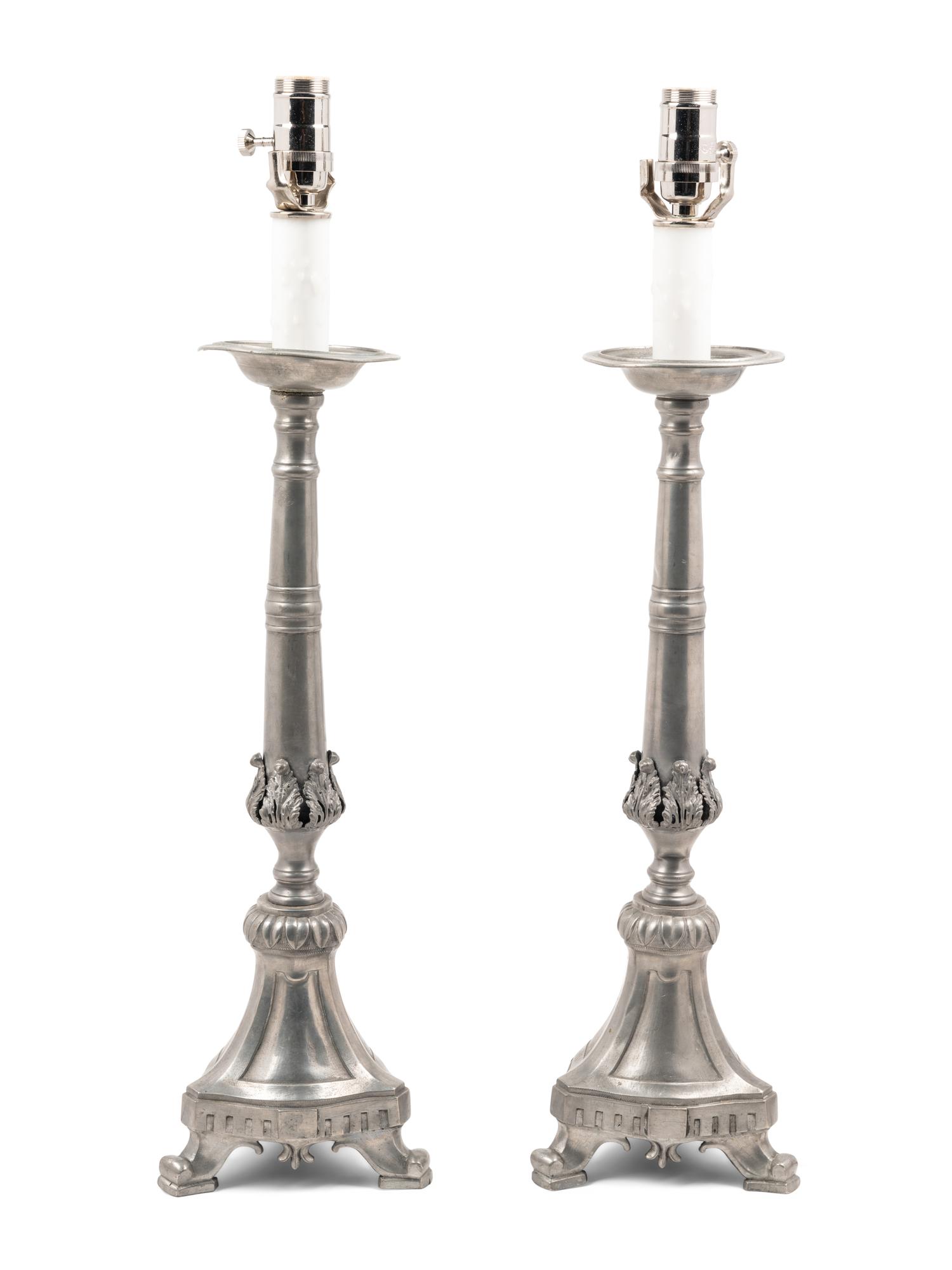 A Pair of Continental Pewter Prickets Mounted as Lamps