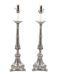 A Pair of Continental Pewter Prickets Mounted as Lamps