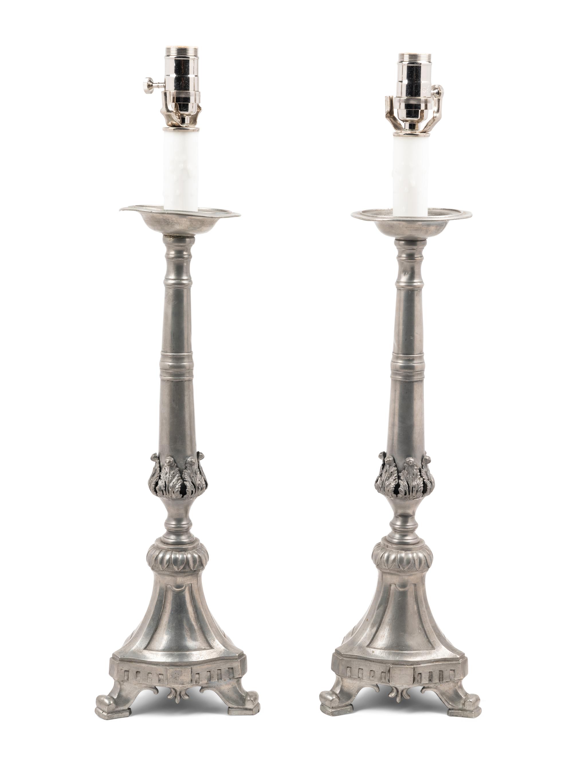 A Pair of Continental Pewter Prickets Mounted as Lamps
