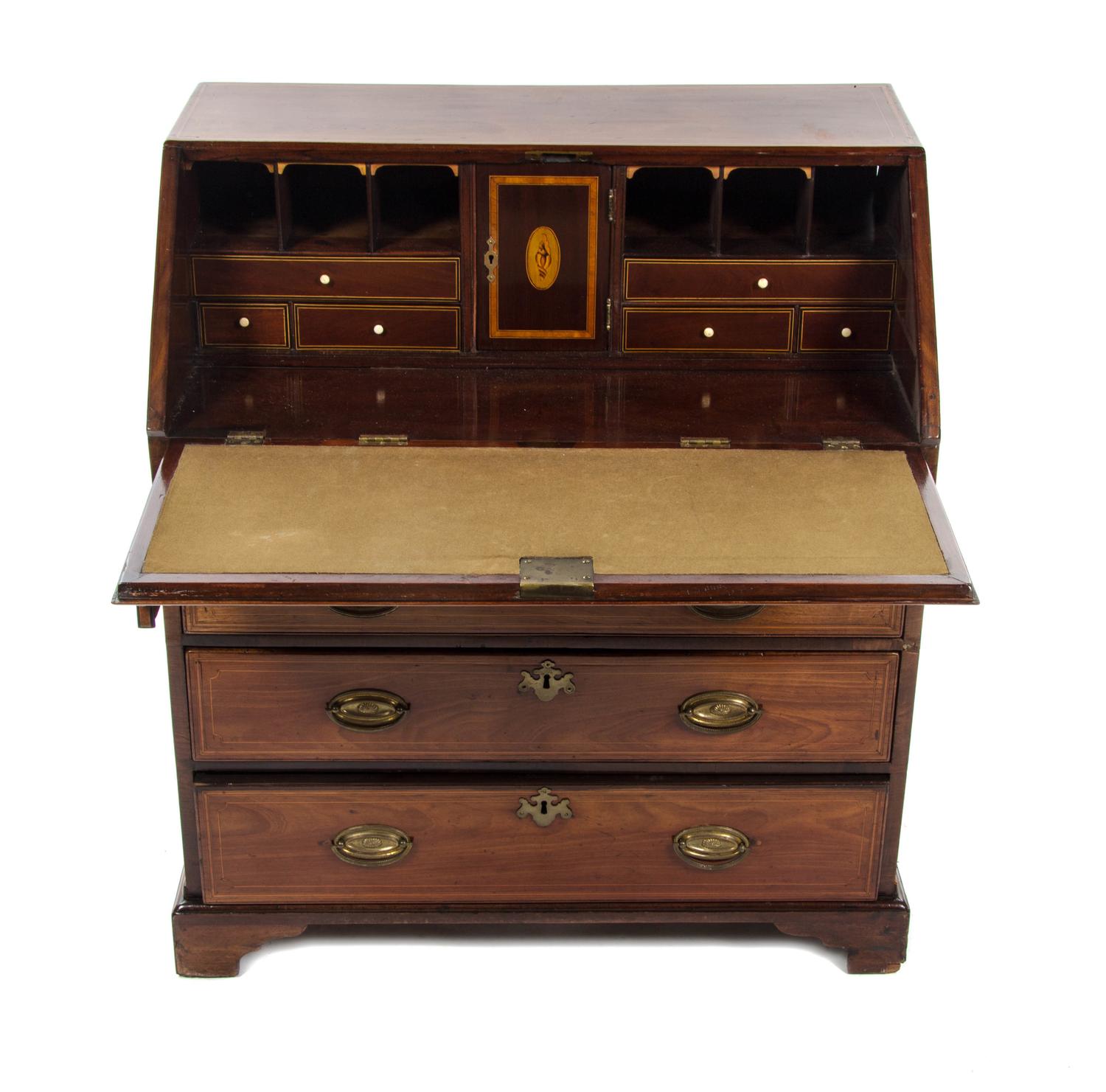 A George III Mahogany Slant Front Bureau, 19TH CENTURY, Height 38 x width 33 x depth 19 5/8 inches. — 19TH CENTURY,