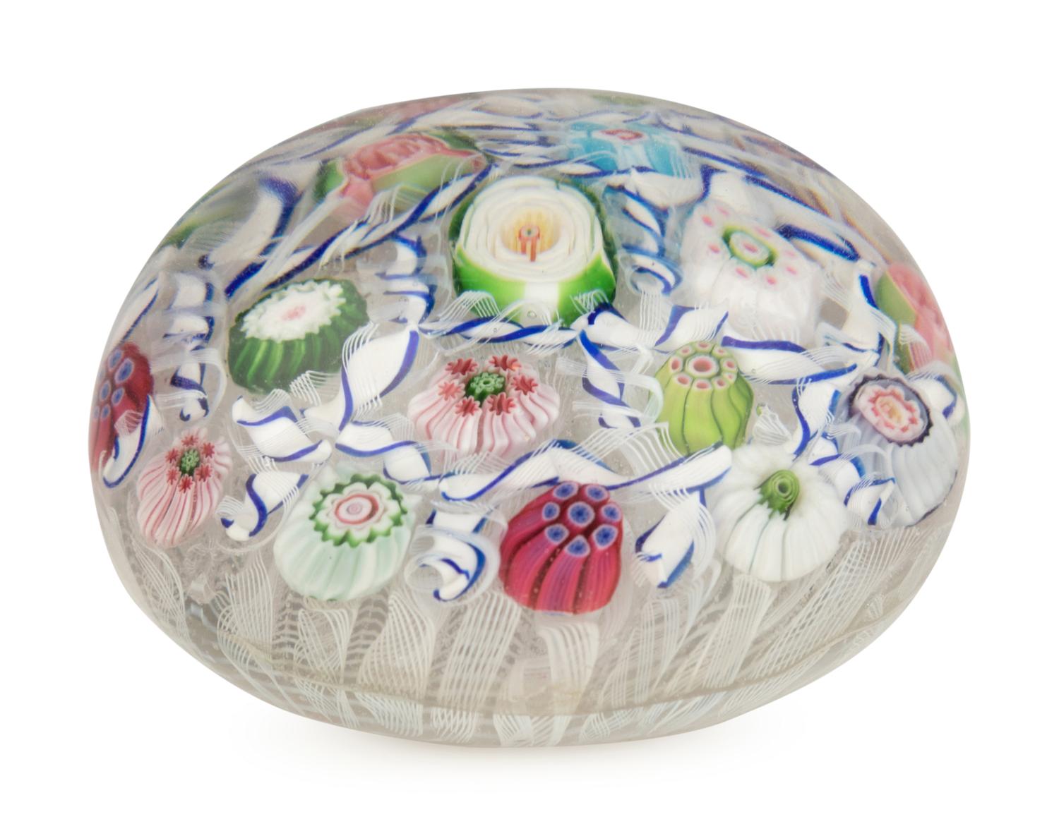 A Clichy Barber Pole and Rose Cane Glass Paperweight