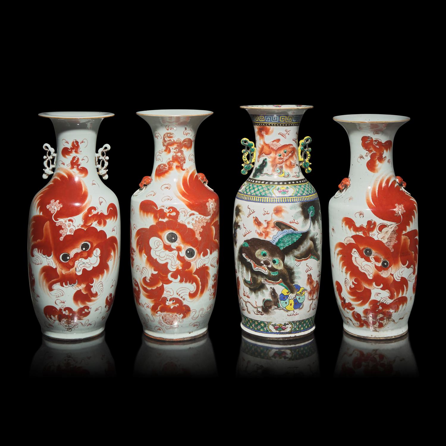 Four Chinese Iron Red Decorated 'Fu Lions' Porcelain Vases, 19th Century 清晚期 礬紅彩佛獅圖賞瓶四件