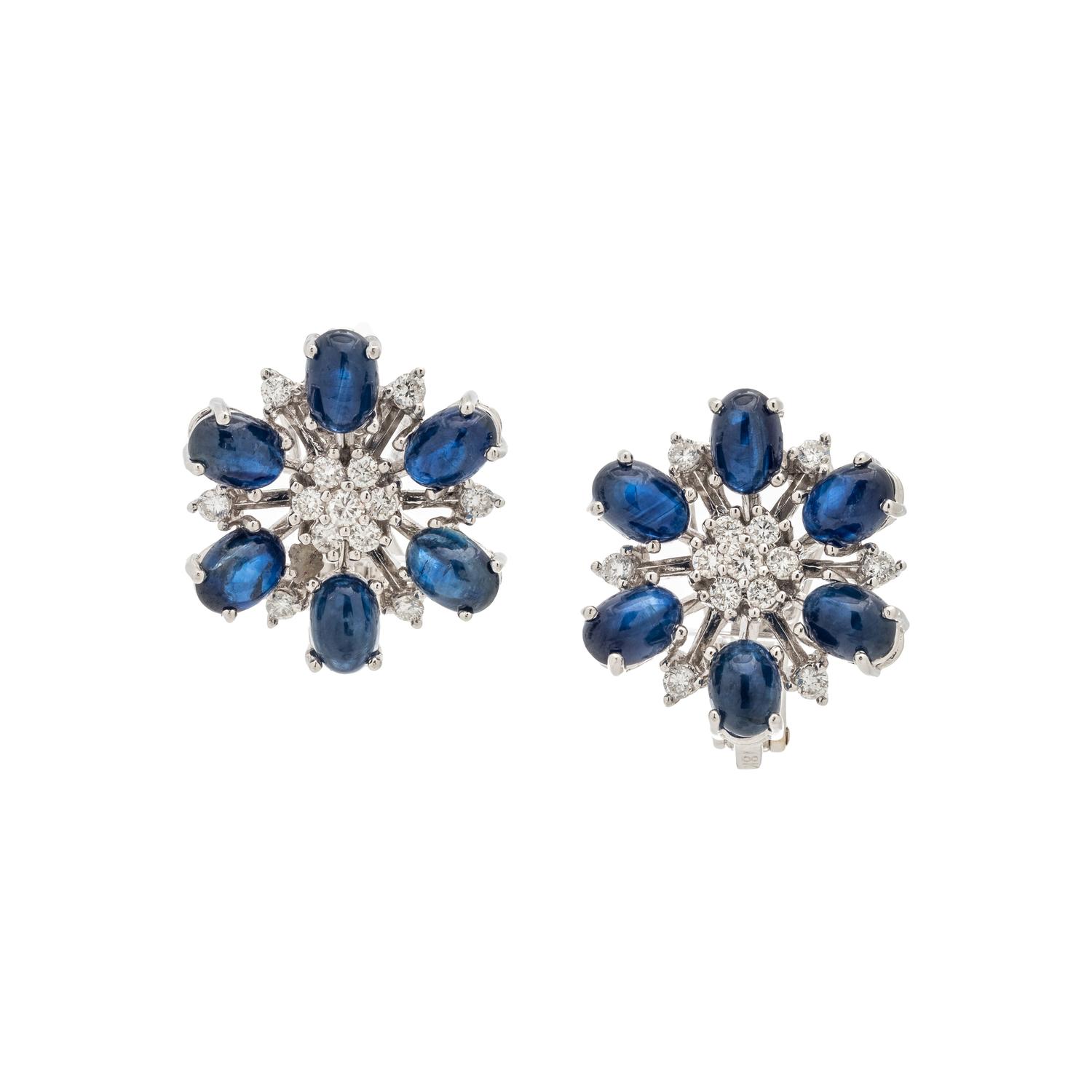 SAPPHIRE AND DIAMOND FLOWER EARCLIPS