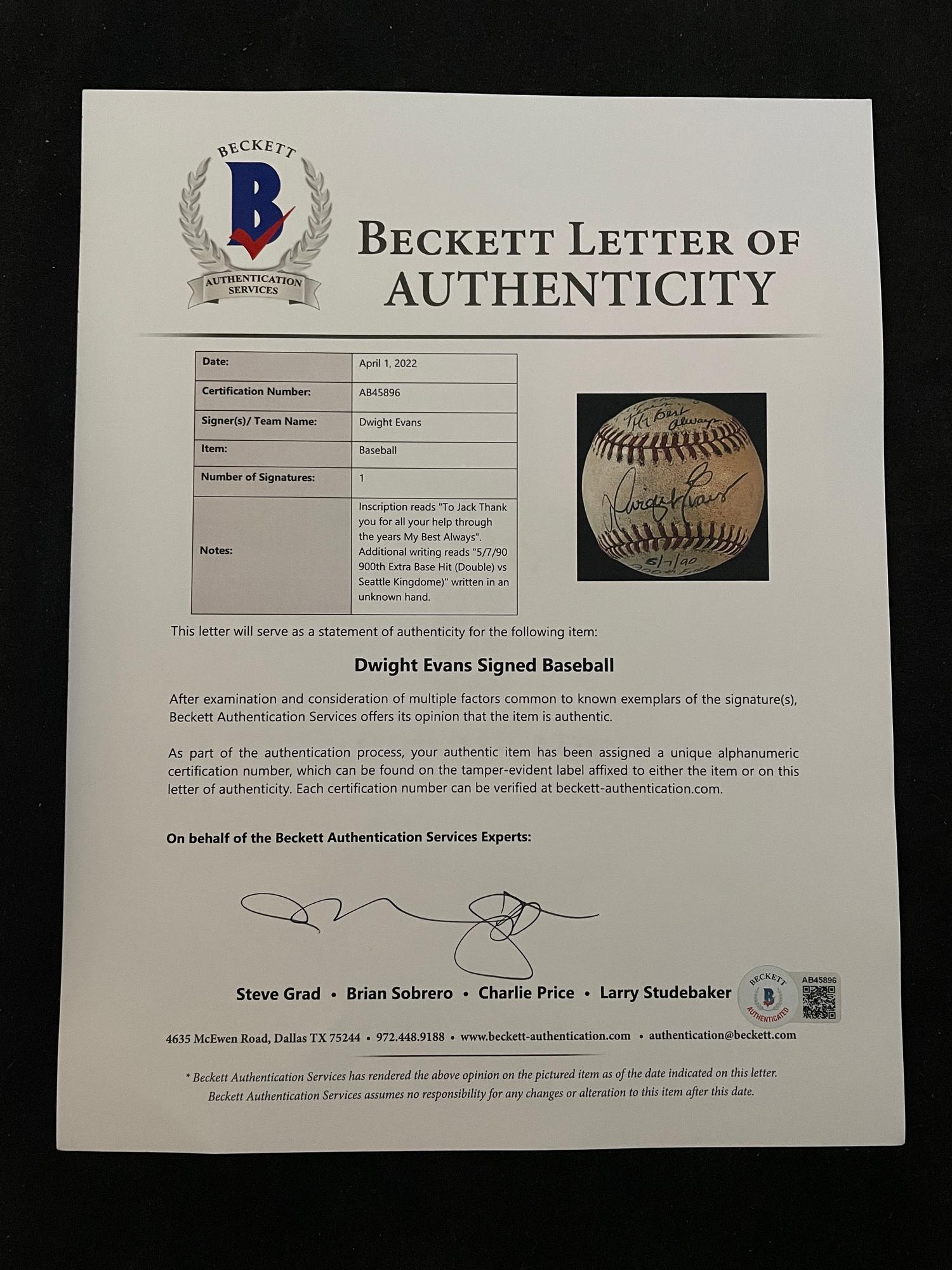 A Dwight Evans Boston Red Sox 900th Career Extra Base Hit Game Used Signed Autograph Baseball (Beckett Authentication Services Letter BAS Certified)