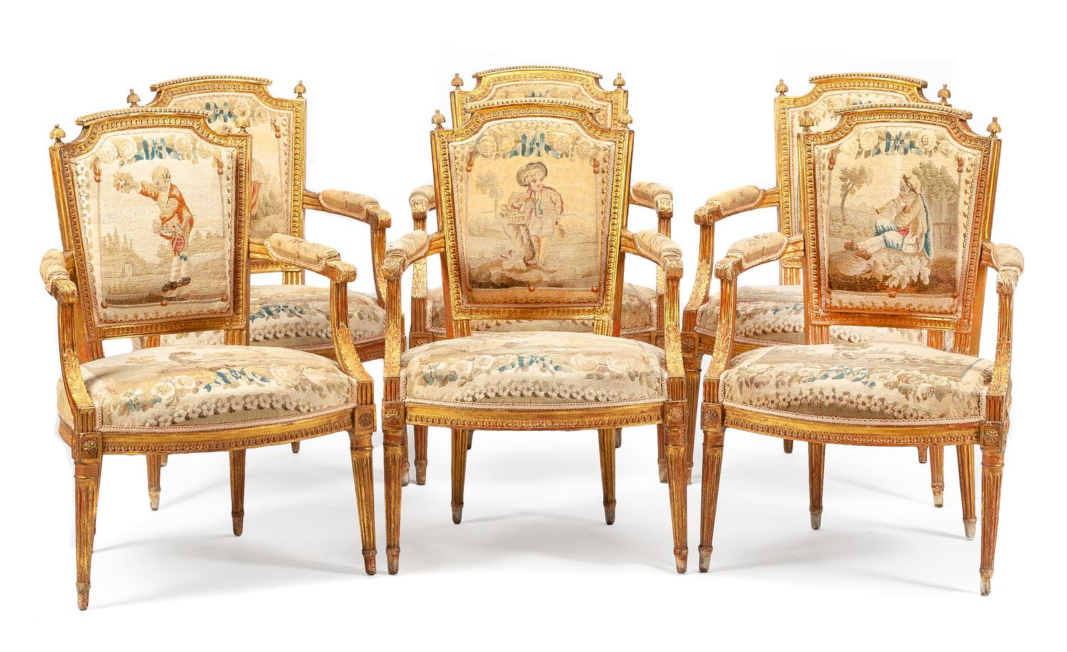 A Set of Six Louis XVI Style Giltwood Fauteuils Height 34 inches. — 19TH CENTURY