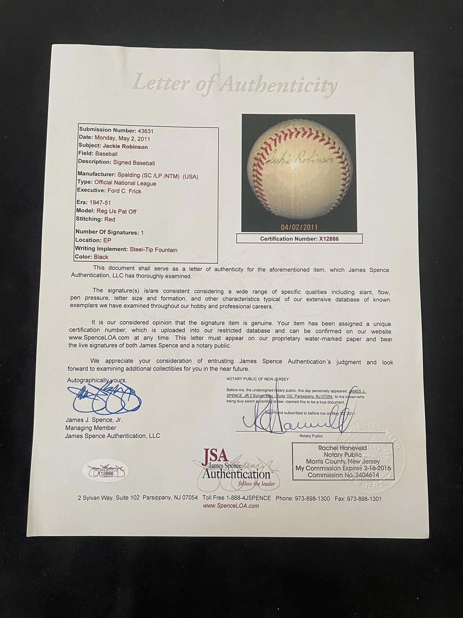 An Extraordinary Jackie Robinson Single Signed Autograph Baseball (JSA Letter)