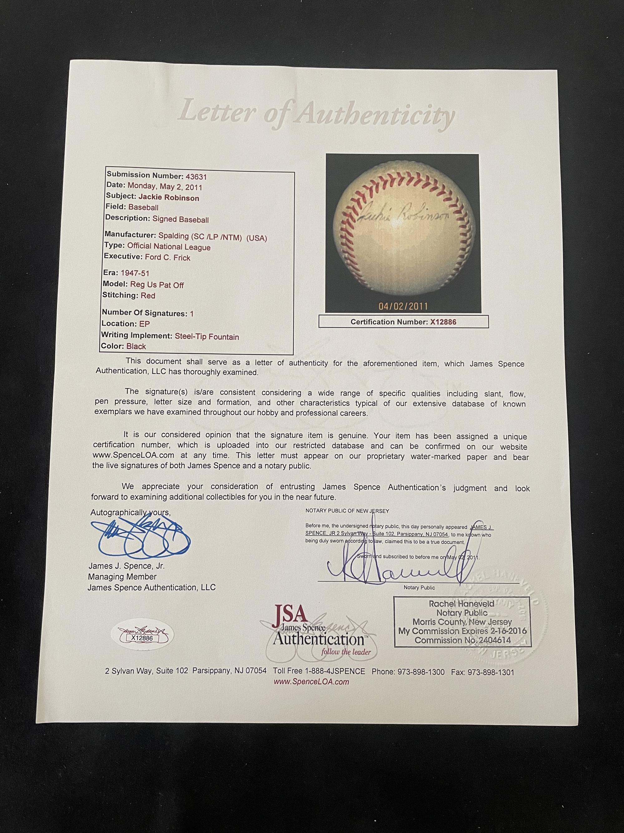 An Extraordinary Jackie Robinson Single Signed Autograph Baseball (JSA Letter)