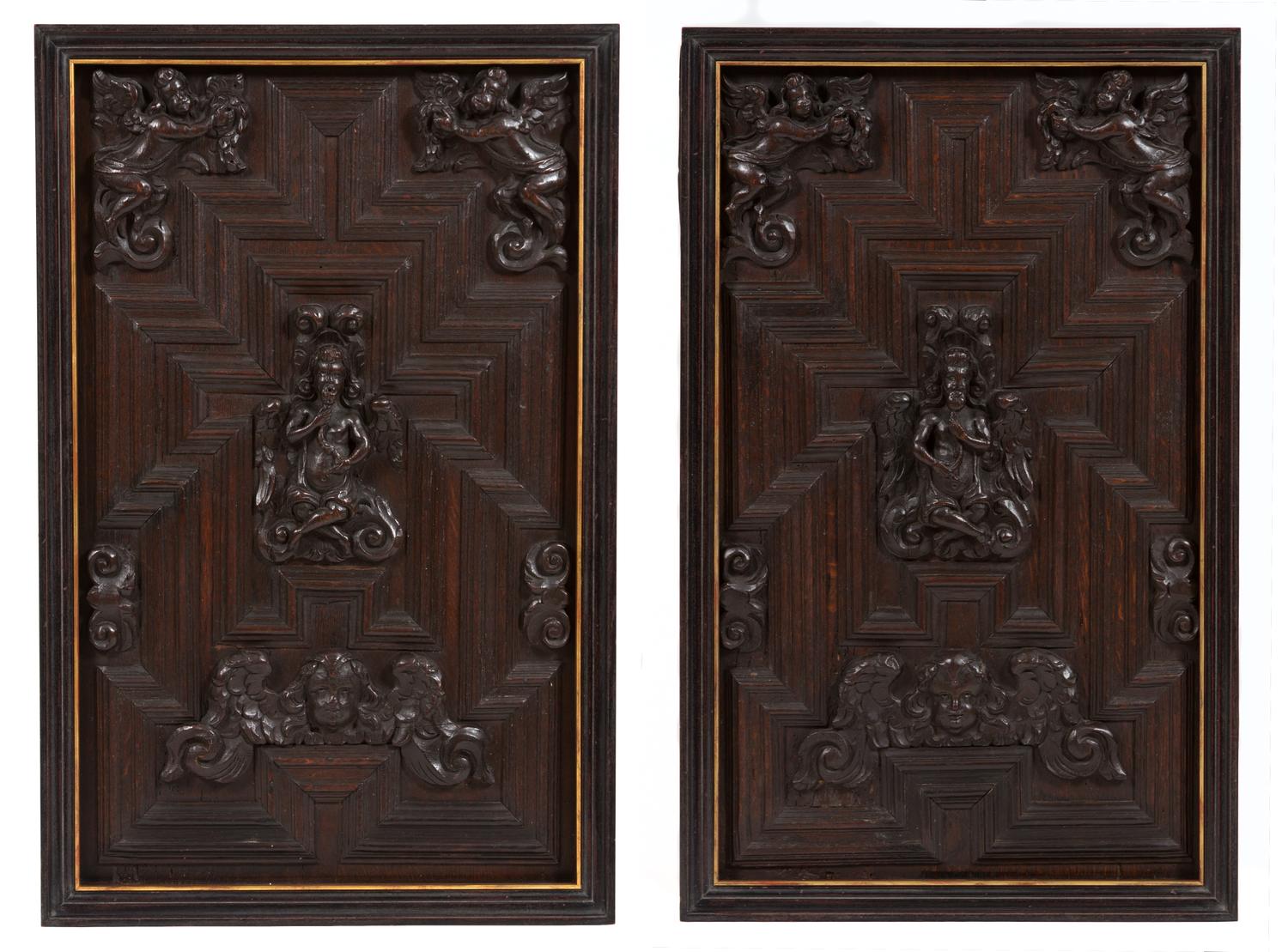 A Pair of English Carved Oak Panels Height 30 3/4 x width 19 1/2 inches.