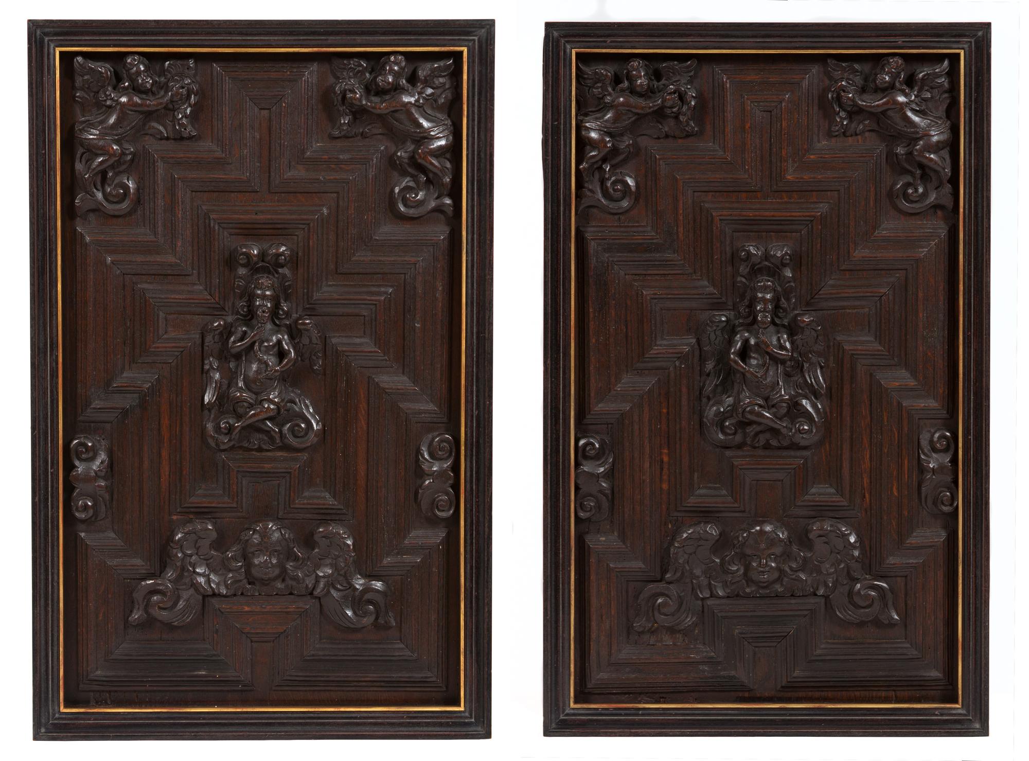 A Pair of English Carved Oak Panels Height 30 3/4 x width 19 1/2 inches.
