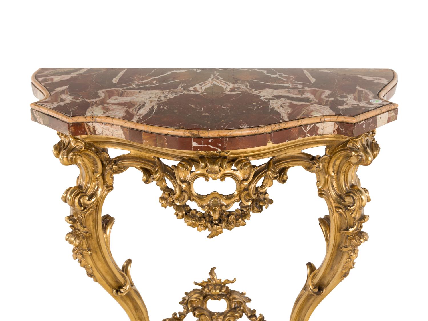 A Louis XV Style Giltwood and Sicilian Jasper Marble-Top Pier Table
