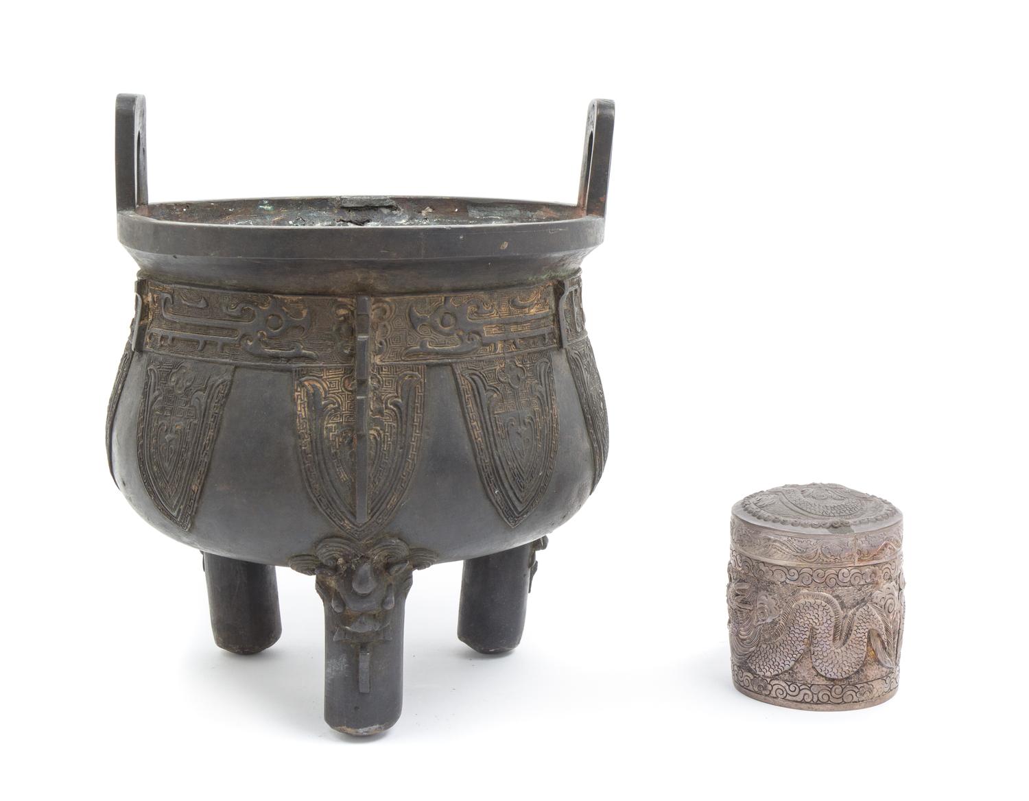 A Chinese Tripod Censer and a Covered Cylindrical Box Height of censer 11 inches.