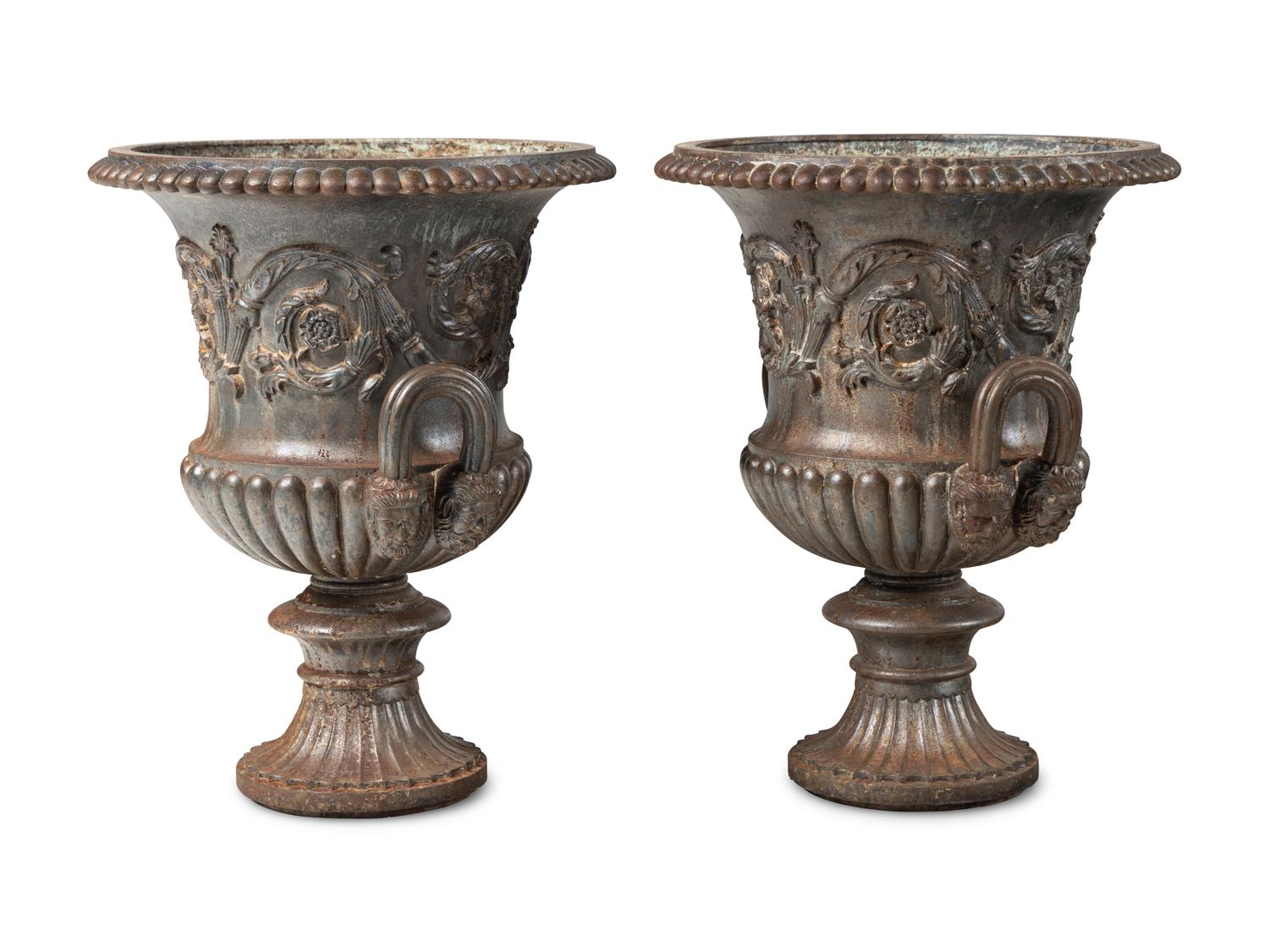 A Pair of Cast Iron Campagna-Form Garden Urns
