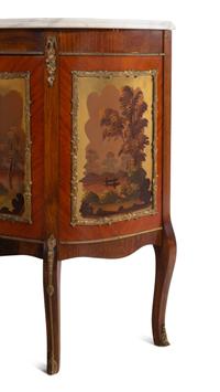 A Pair of Louis XV Style Gilt Metal Mounted Vernis Martin Marble-Top Commodes