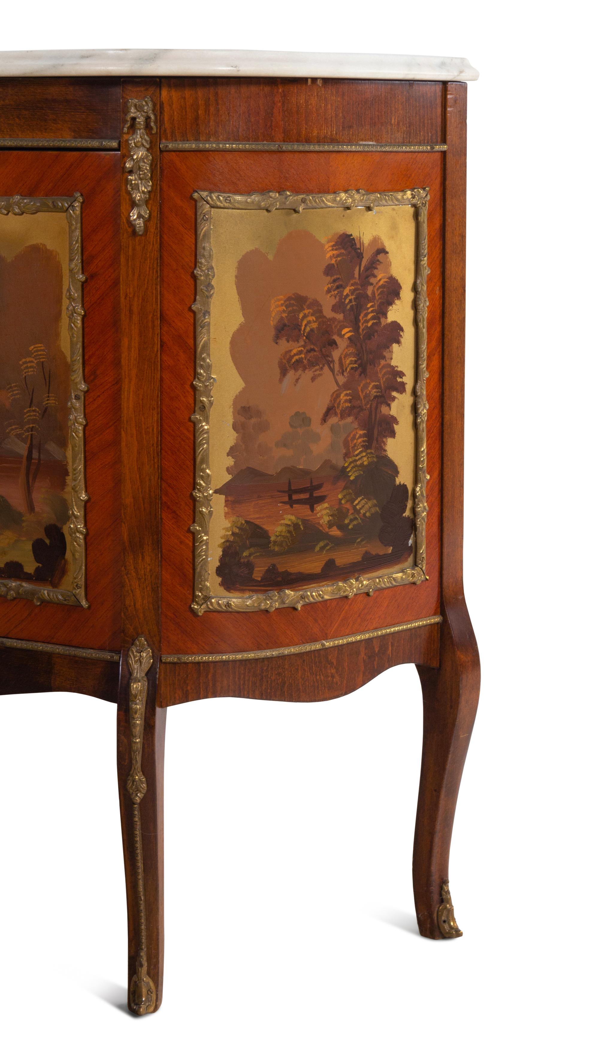 A Pair of Louis XV Style Gilt Metal Mounted Vernis Martin Marble-Top Commodes