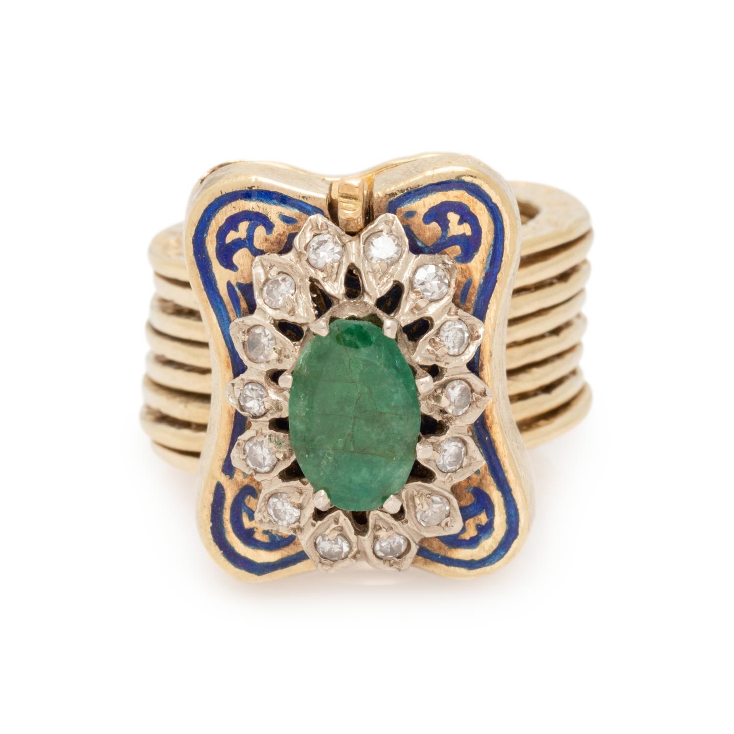 CONVERTIBLE YELLOW GOLD, EMERALD, DIAMOND AND ENAMEL RING/ BRACELET
