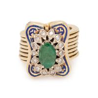 CONVERTIBLE YELLOW GOLD, EMERALD, DIAMOND AND ENAMEL RING/ BRACELET