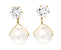 A Pair of Yellow Gold and Diamond Stud Earrings with Detachable Cultured Pearl Pendants,
