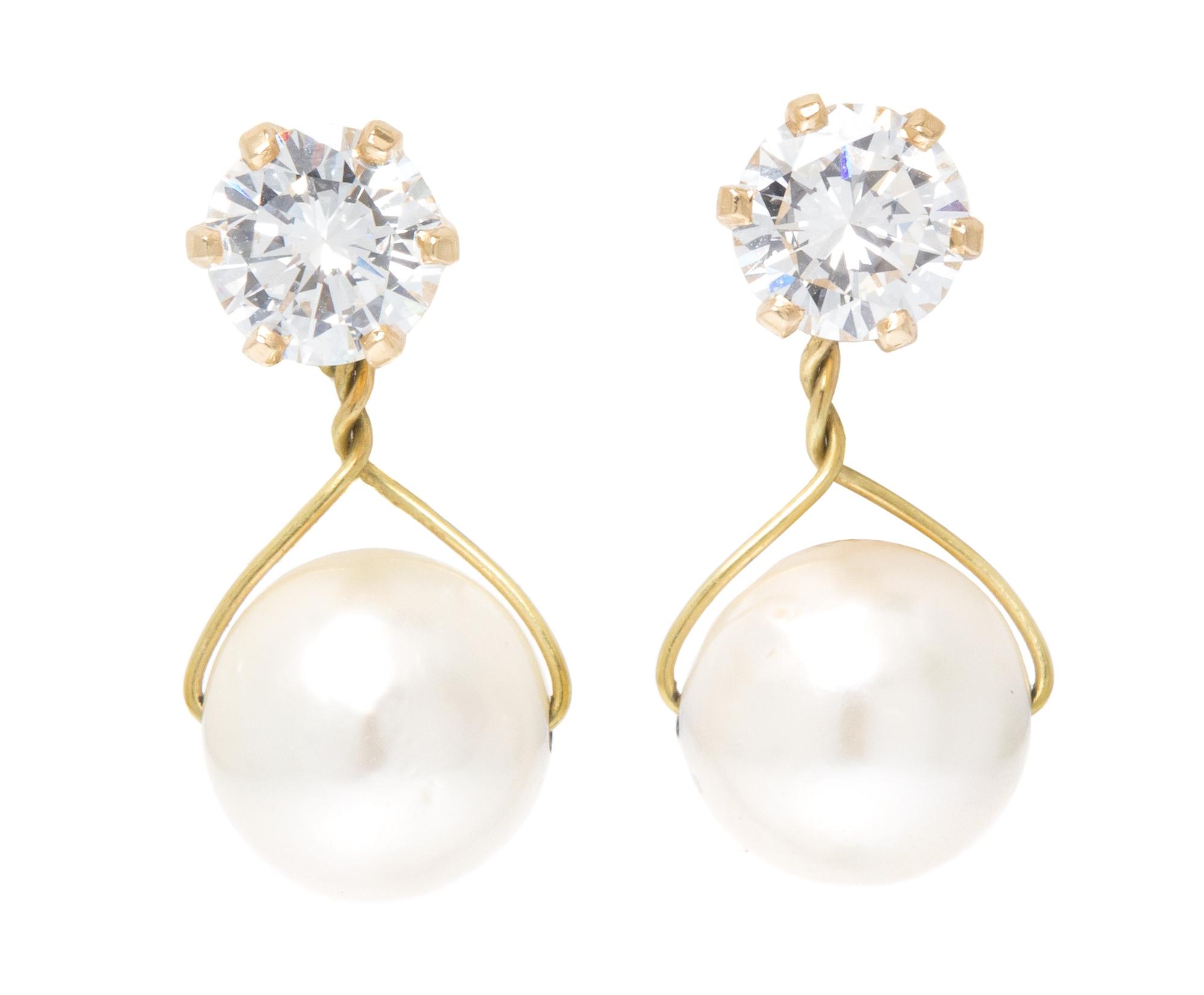 A Pair of Yellow Gold and Diamond Stud Earrings with Detachable Cultured Pearl Pendants,
