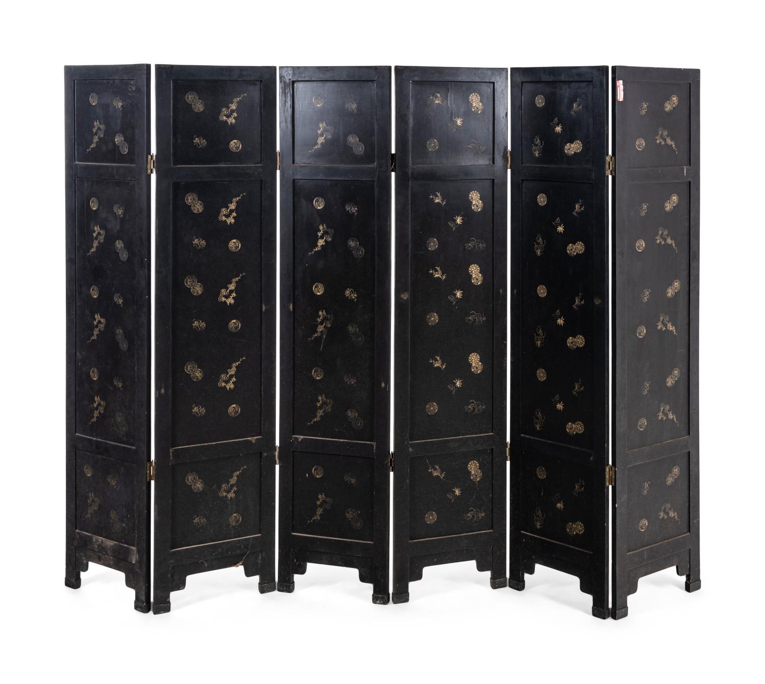 A Hardstone Inlaid Black Lacquered Six-Panel Floor Screen