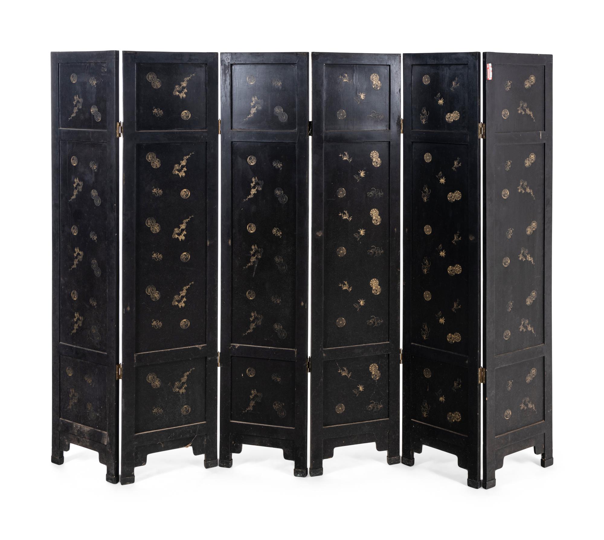 A Hardstone Inlaid Black Lacquered Six-Panel Floor Screen