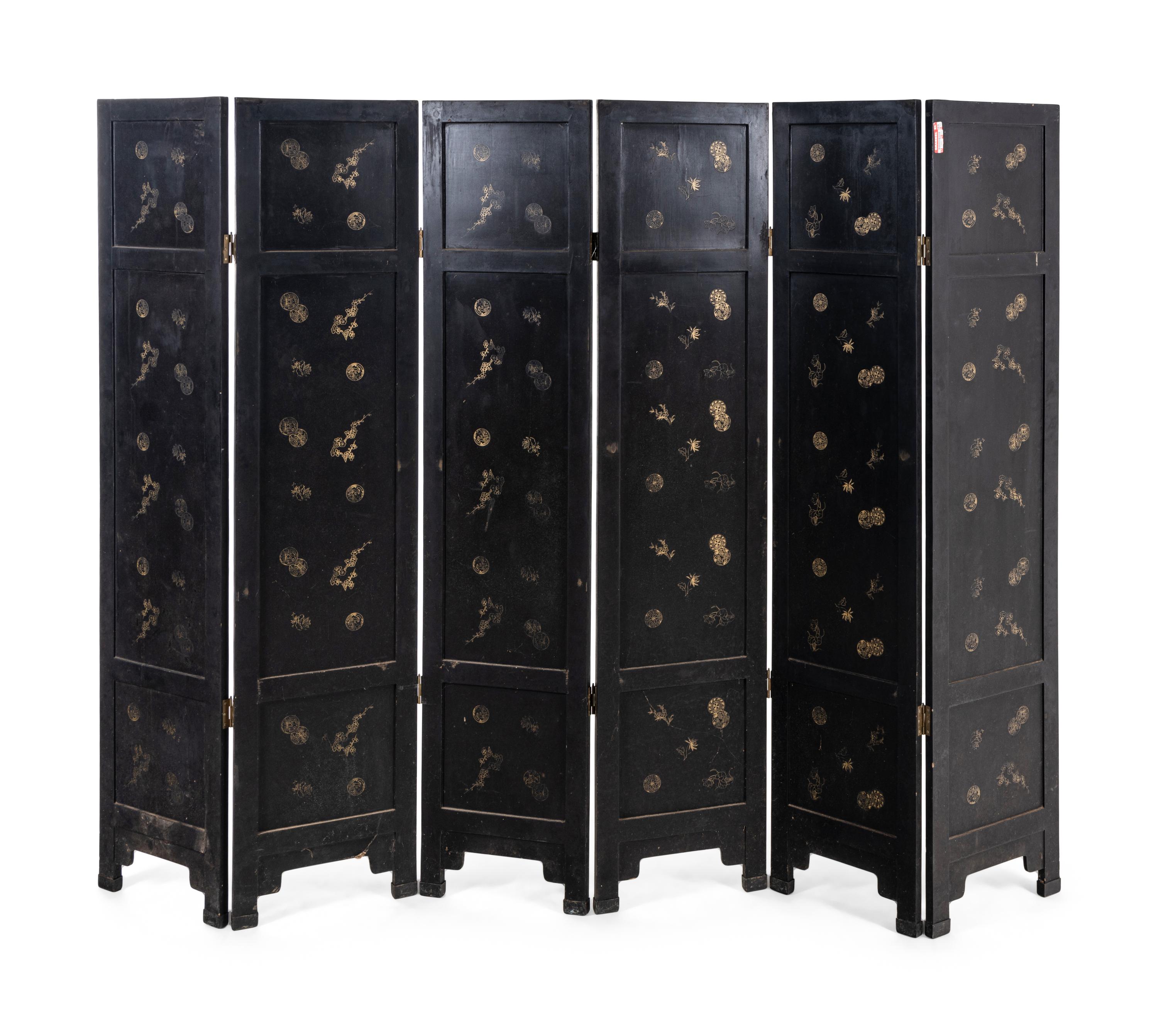 A Hardstone Inlaid Black Lacquered Six-Panel Floor Screen