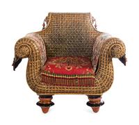 A Pair of Mackenzie Childs Whimsical Raffia and Upholstery Armchairs