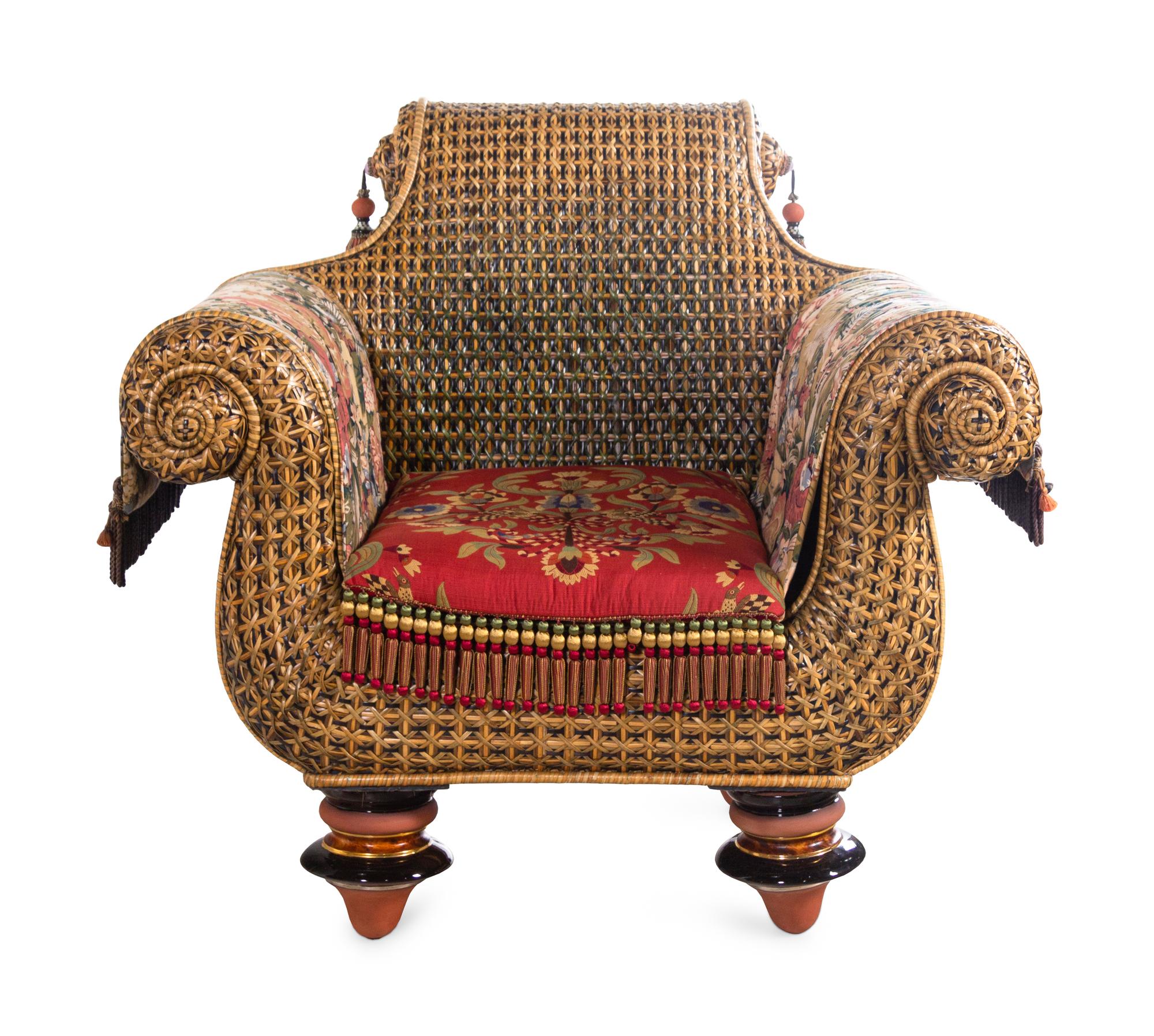 A Pair of Mackenzie Childs Whimsical Raffia and Upholstery Armchairs