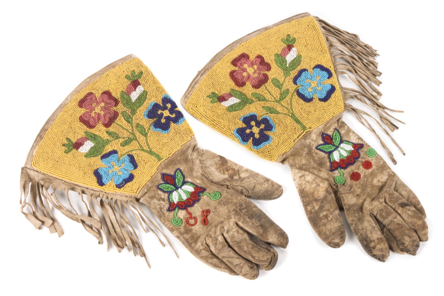 Pair of Plateau Area Beaded Gauntlets Length 15 x width 7 inches — Early 20th Century