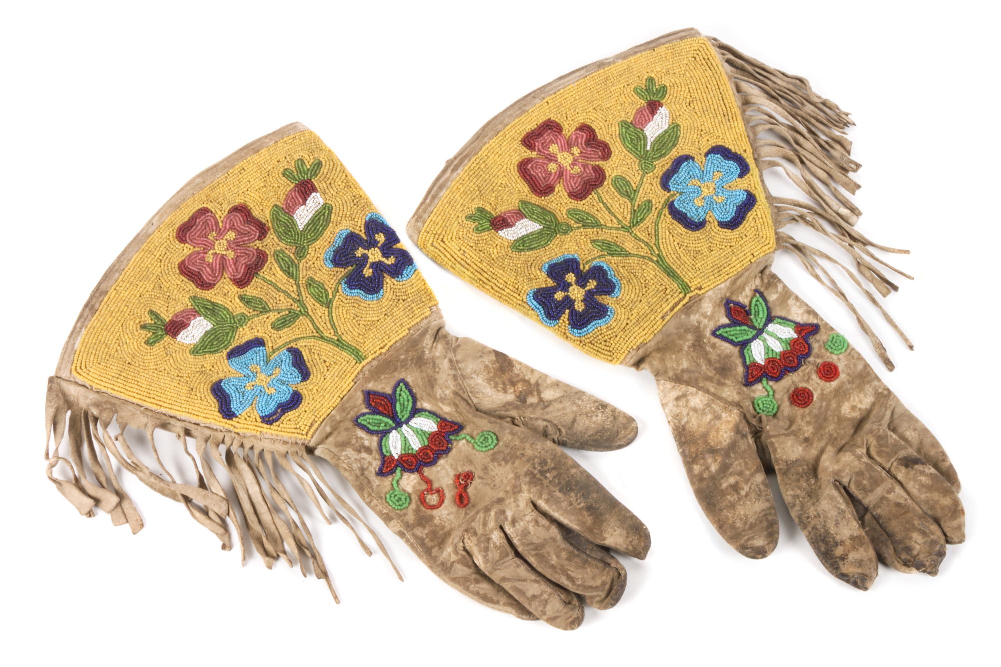 Pair of Plateau Area Beaded Gauntlets Length 15 x width 7 inches — Early 20th Century