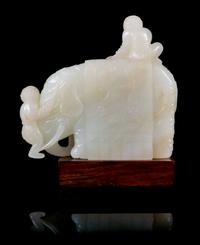 A Pale Celadon Jade Figure of an Elephant and Boys Height 3 1/2 inches. — 18TH CENTURY