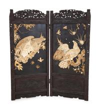 A Japanese Carved Hardwood Two-Panel Screen