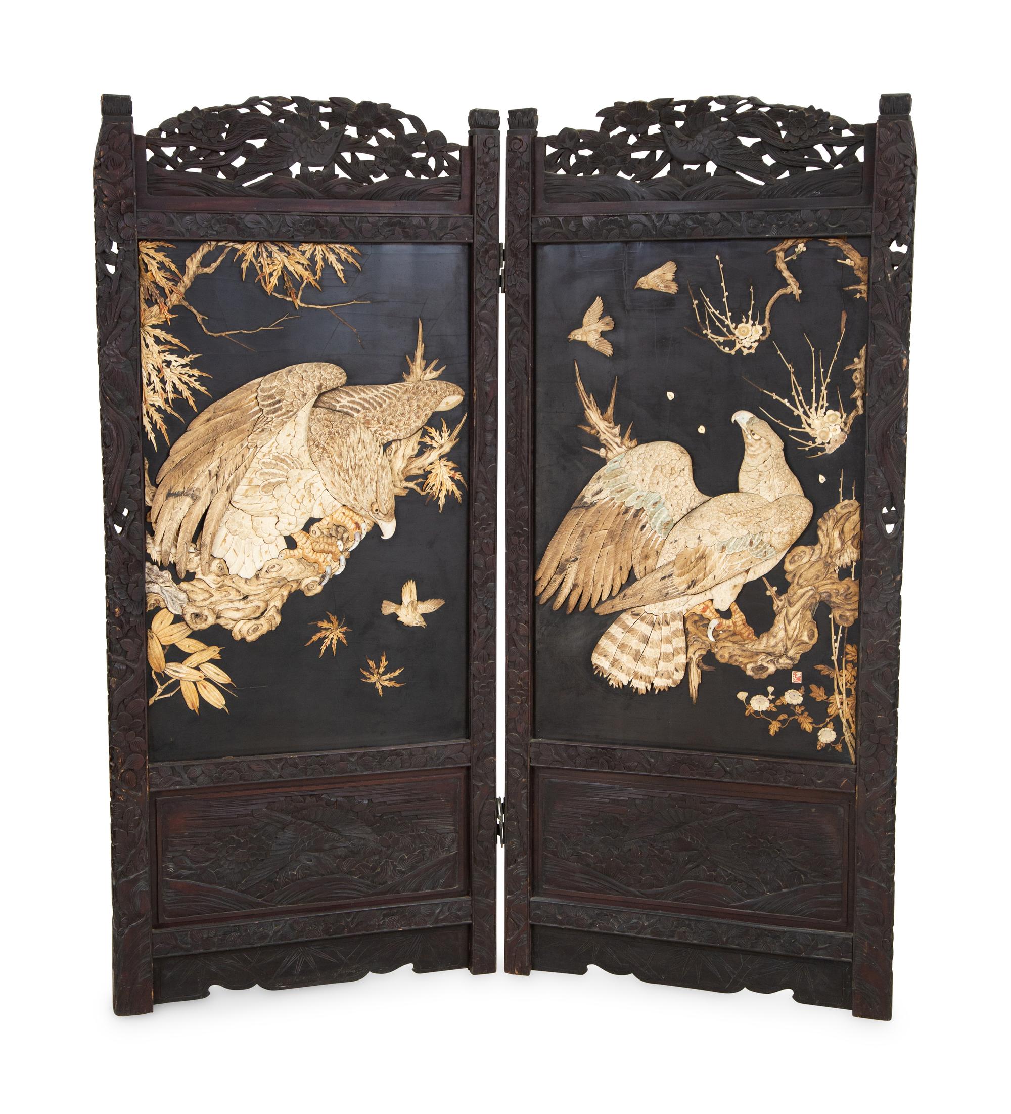 A Japanese Carved Hardwood Two-Panel Screen