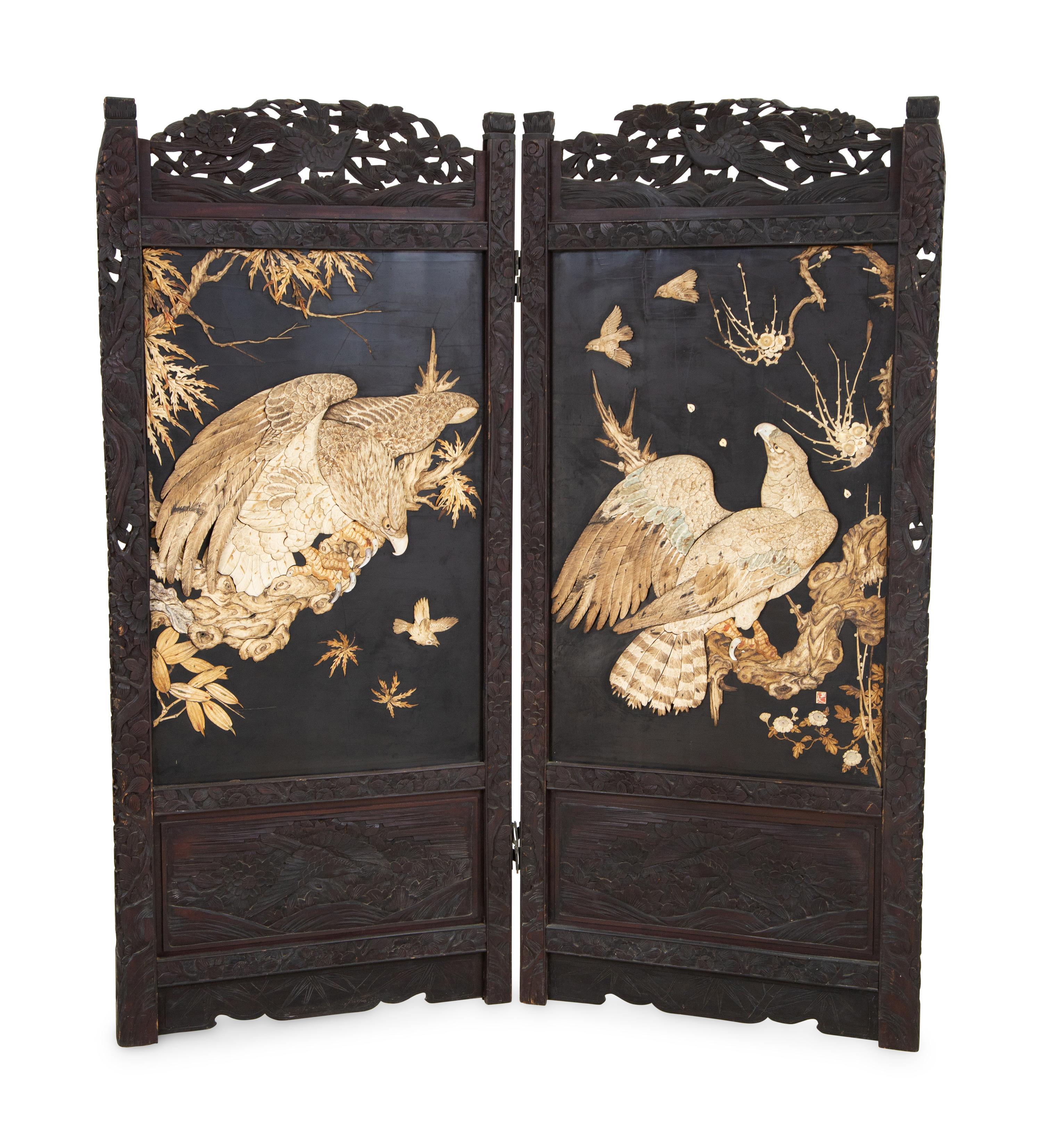 A Japanese Carved Hardwood Two-Panel Screen