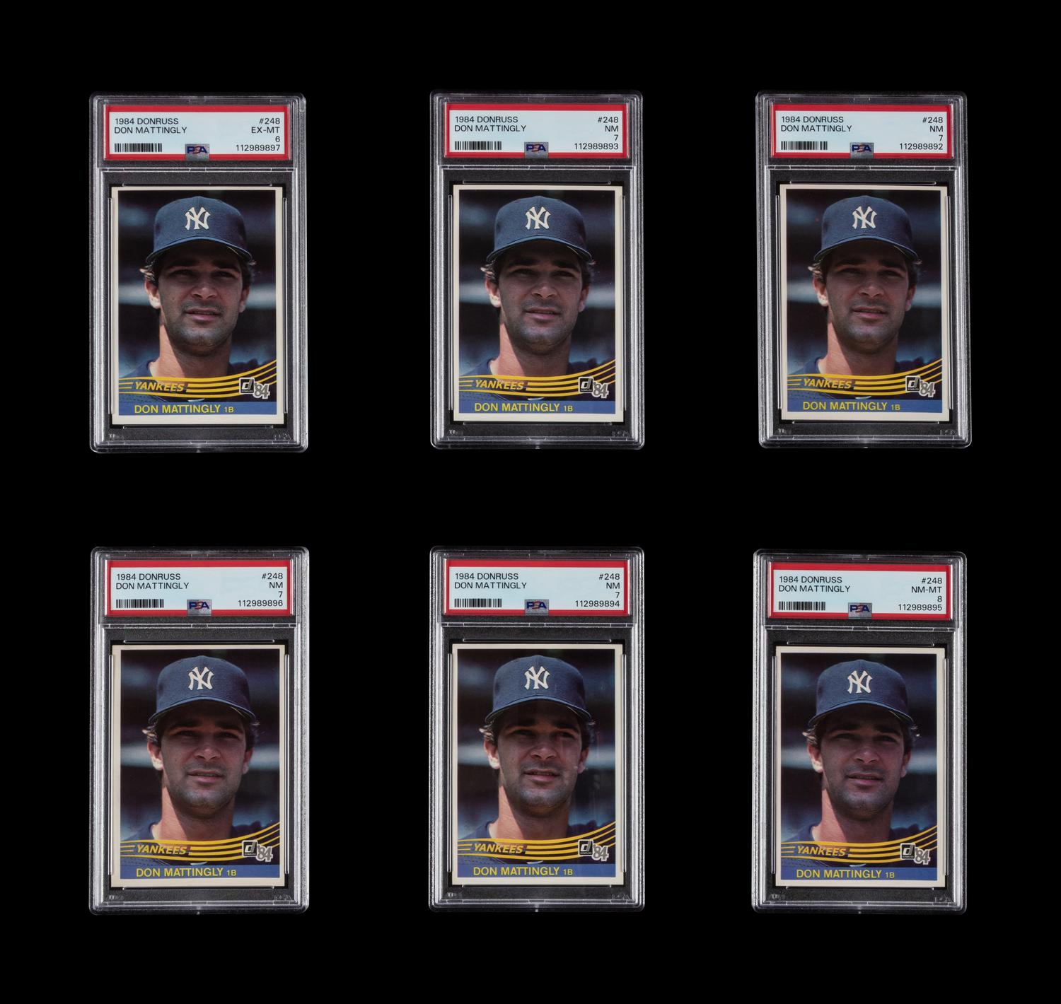 A Group of Six PSA Graded 1984 Donruss Don Mattingly Rookie Baseball Cards No. 248 (PSA 8; PSA 7 x4; PSA 6)