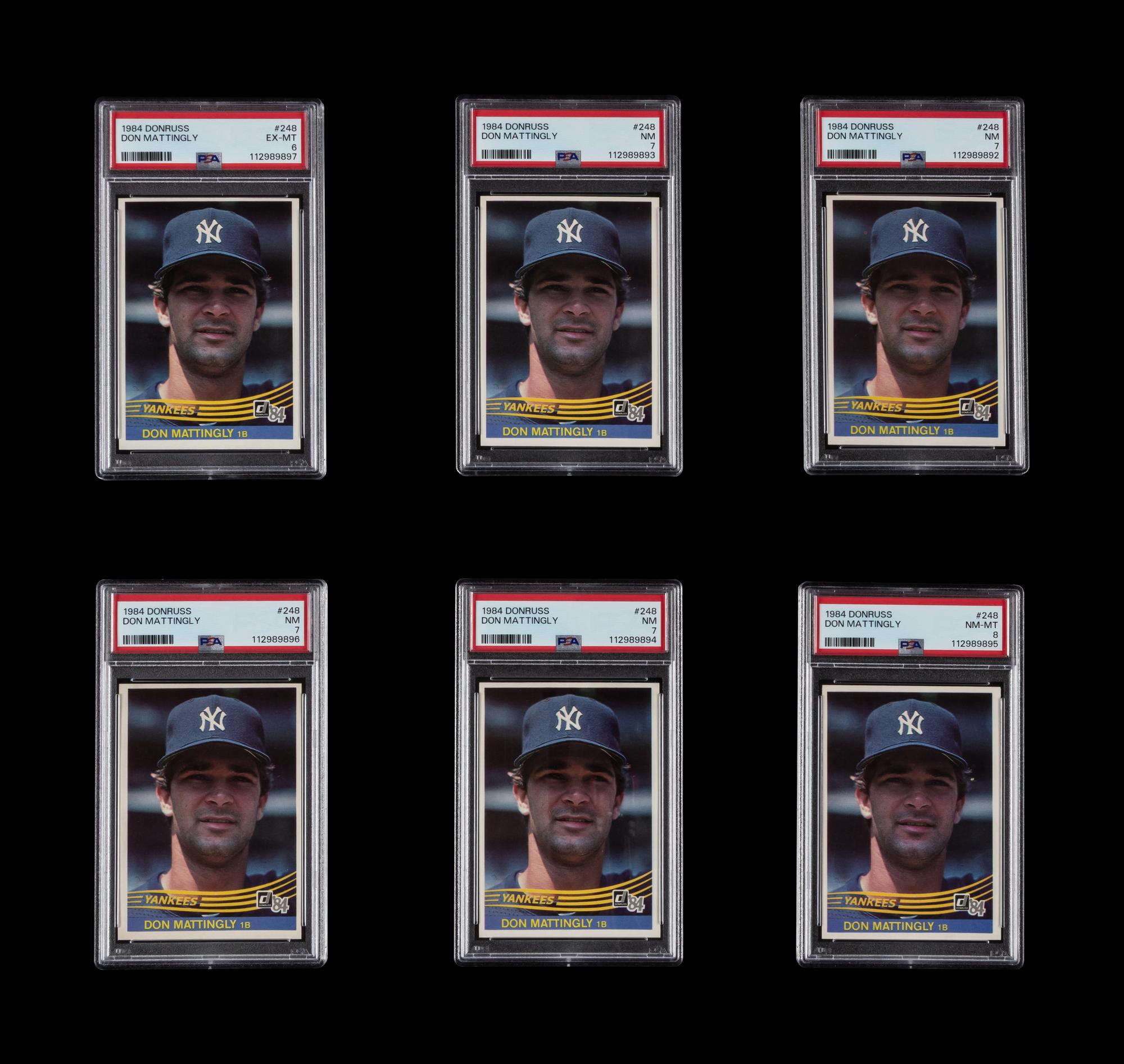 A Group of Six PSA Graded 1984 Donruss Don Mattingly Rookie Baseball Cards No. 248 (PSA 8; PSA 7 x4; PSA 6)
