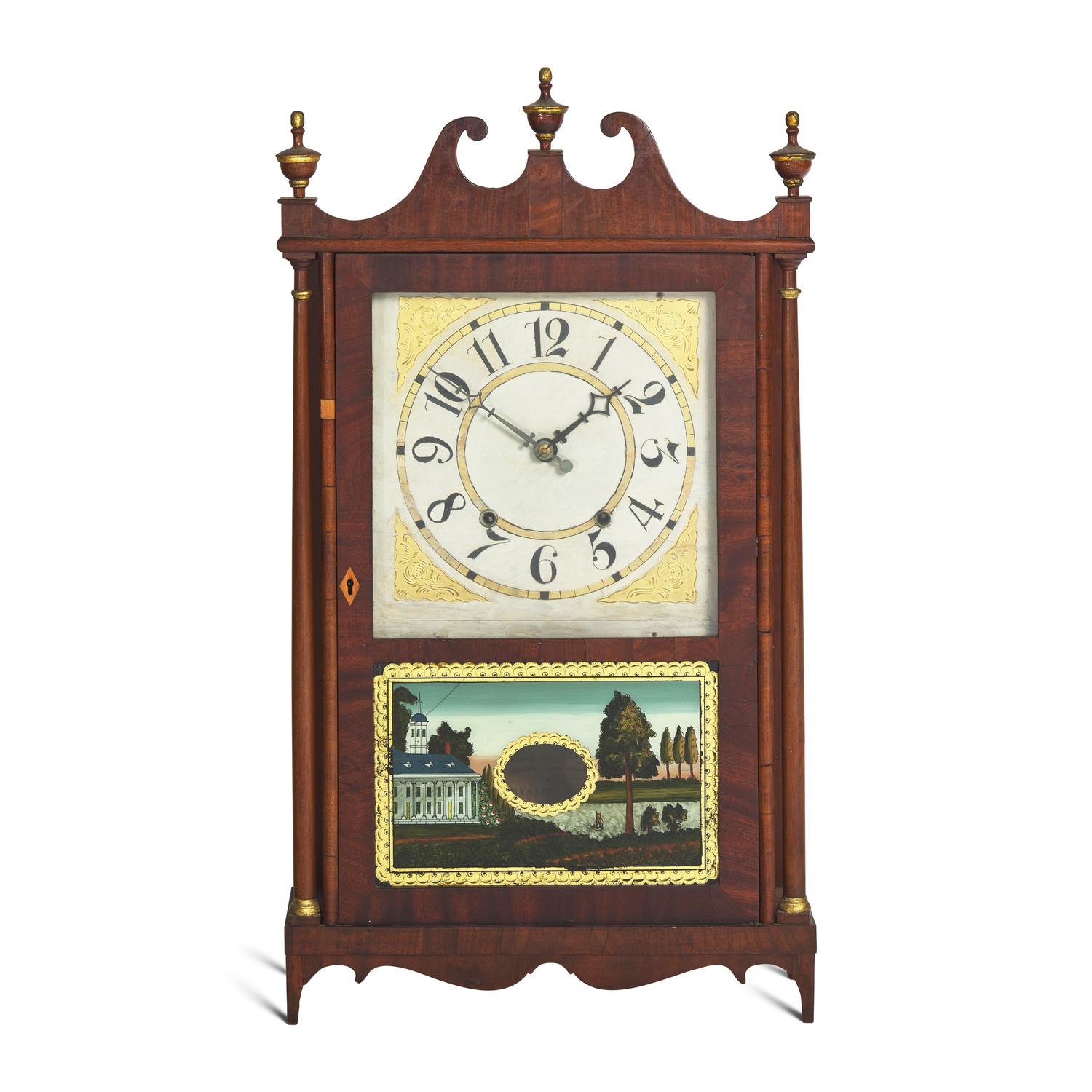 A Federal Mahogany Pillar and Scroll Shelf Clock