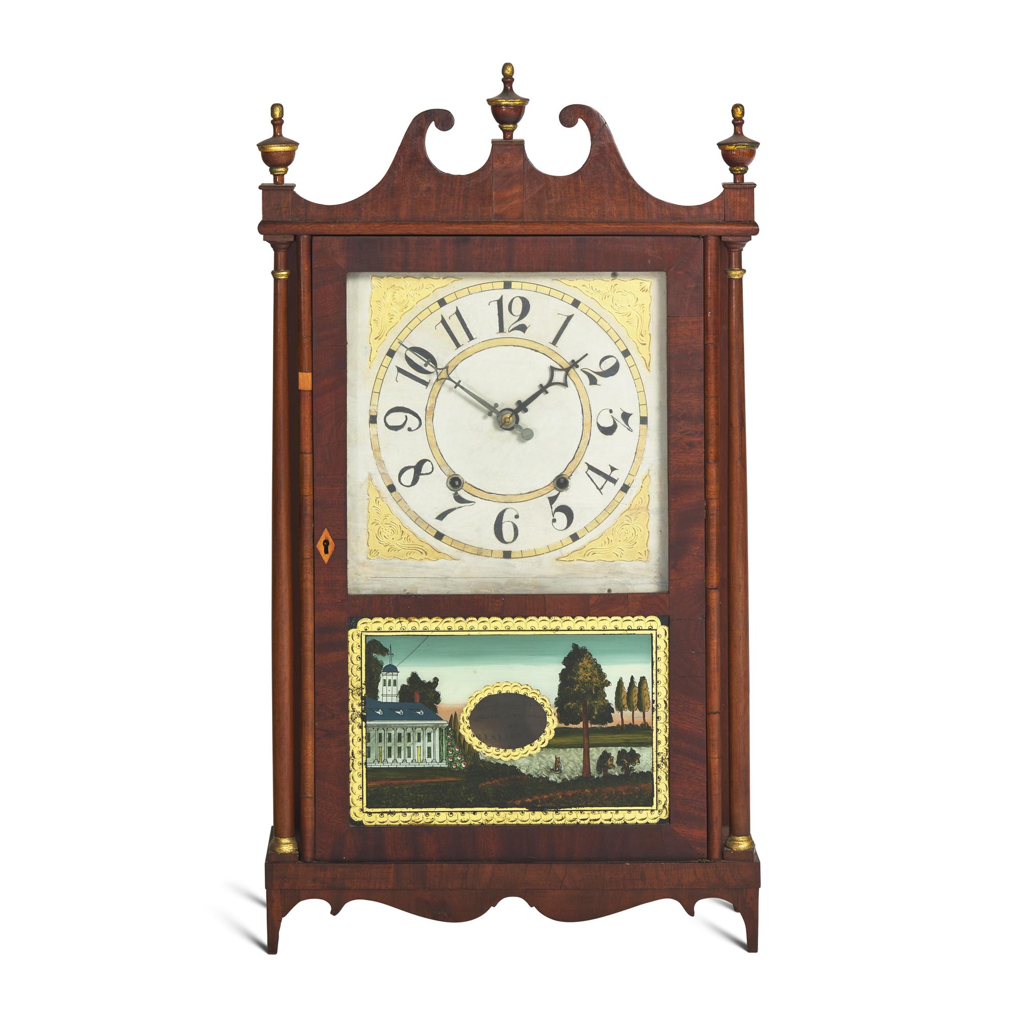 A Federal Mahogany Pillar and Scroll Shelf Clock