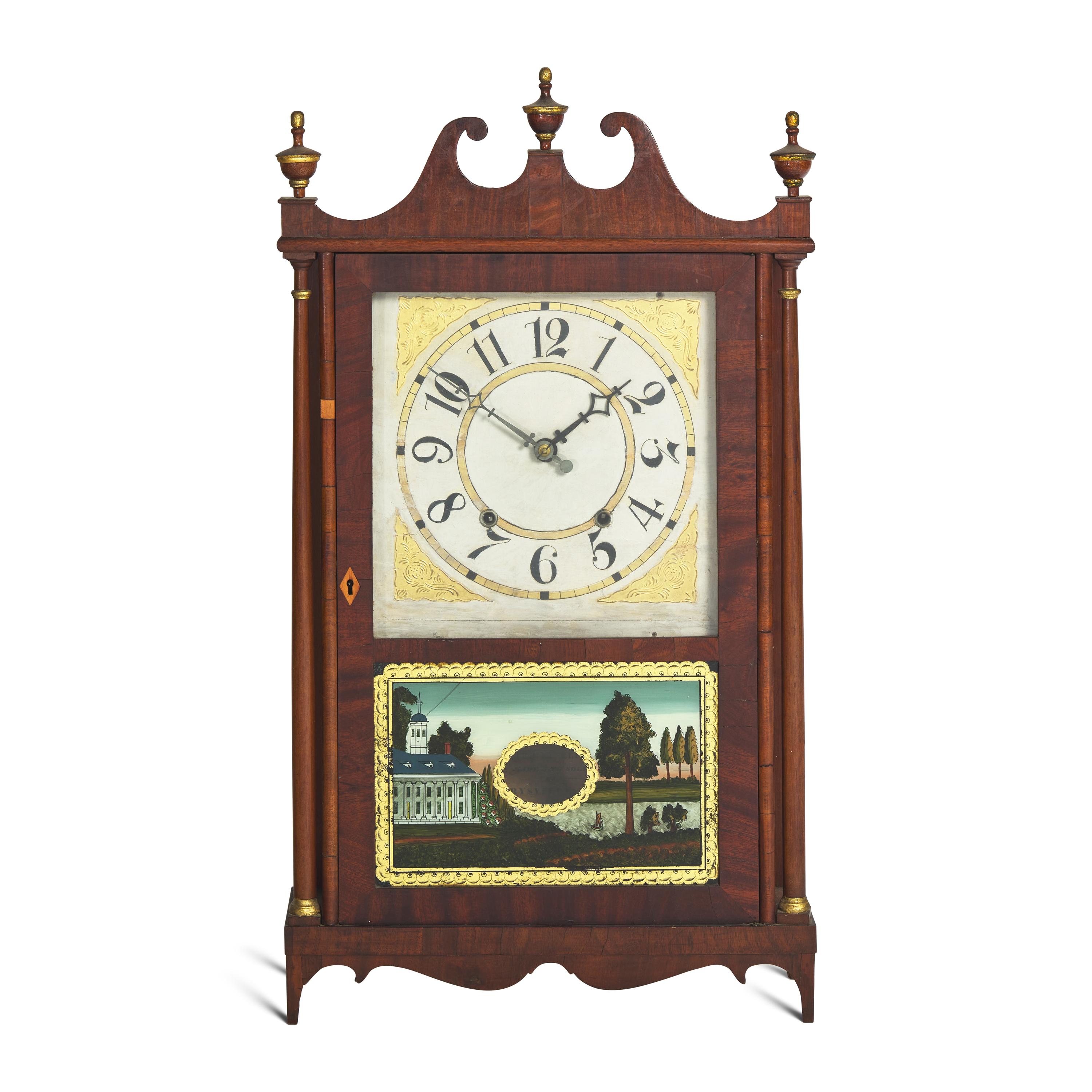 A Federal Mahogany Pillar and Scroll Shelf Clock