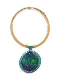 A 14 Karat Yellow Gold and Opal Pendant/Necklace, David R. Freeland Jr.,