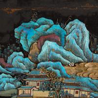 A Chinese Kingfisher Feather Embellished and Zitan Veneer 'Landscape' Wall Panel, 19th Century — 清中晚期 紫檀貼皮點翠山水圖挂屏