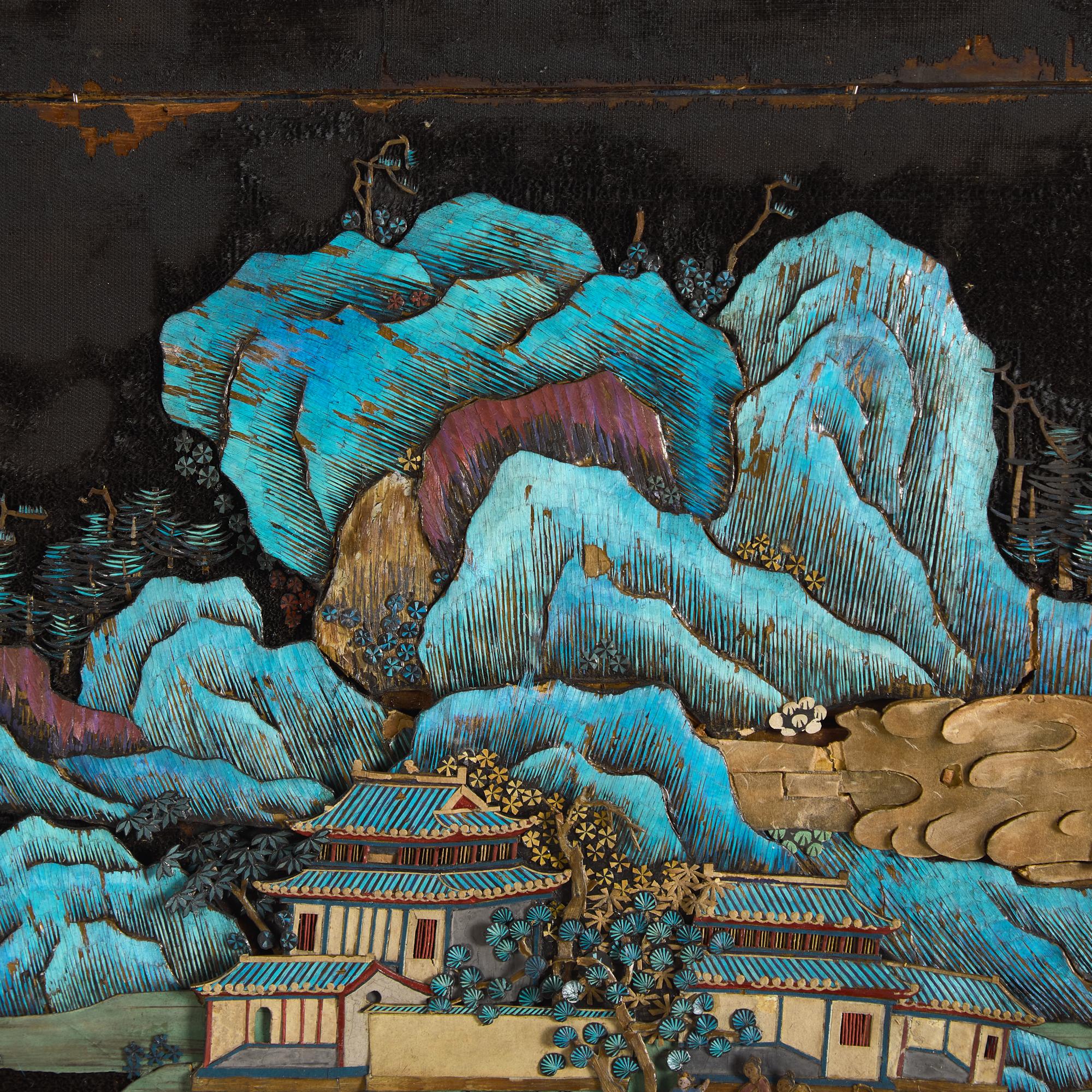 A Chinese Kingfisher Feather Embellished and Zitan Veneer 'Landscape' Wall Panel, 19th Century — 清中晚期 紫檀貼皮點翠山水圖挂屏
