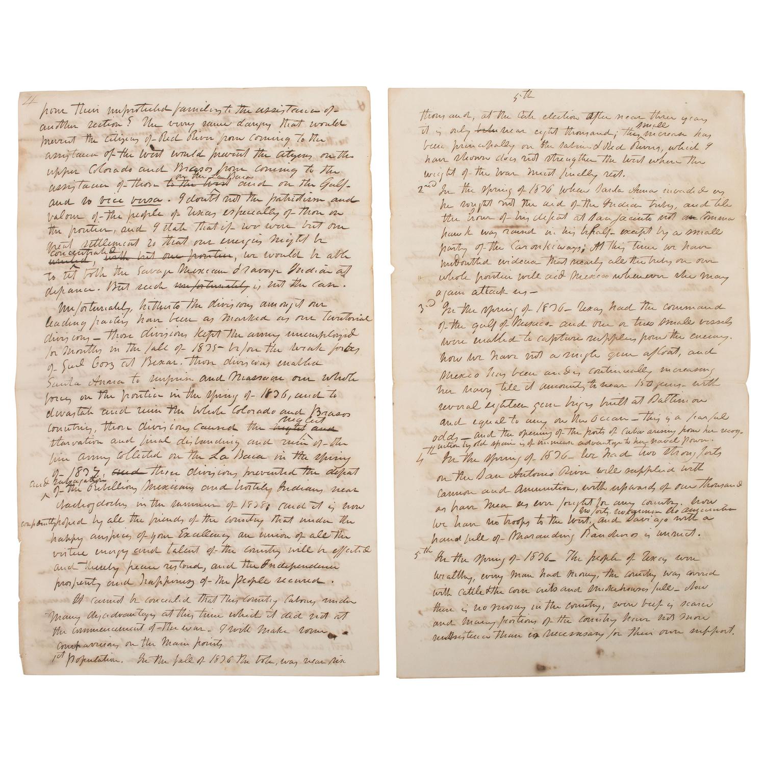 [REPUBLIC OF TEXAS]. HUSTON, Felix (1800-1857). Autograph letter signed ("Felix Huston"), "To His Excellency Mirabeau B. Lamar President of Texas," a draft detailing "a proposition for the defense of Texas." City of Houston, 31 December 1838.