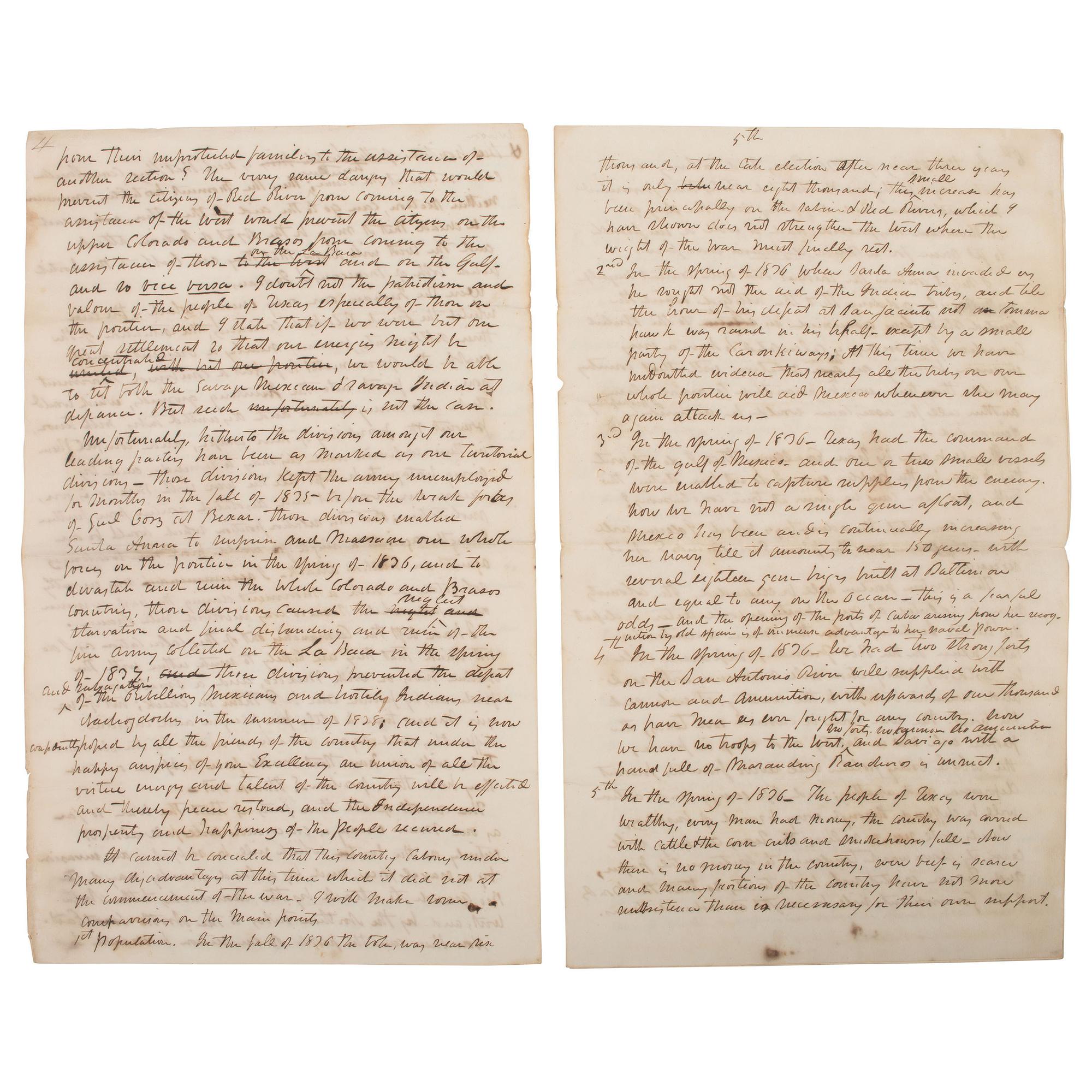 [REPUBLIC OF TEXAS]. HUSTON, Felix (1800-1857). Autograph letter signed ("Felix Huston"), "To His Excellency Mirabeau B. Lamar President of Texas," a draft detailing "a proposition for the defense of Texas." City of Houston, 31 December 1838.