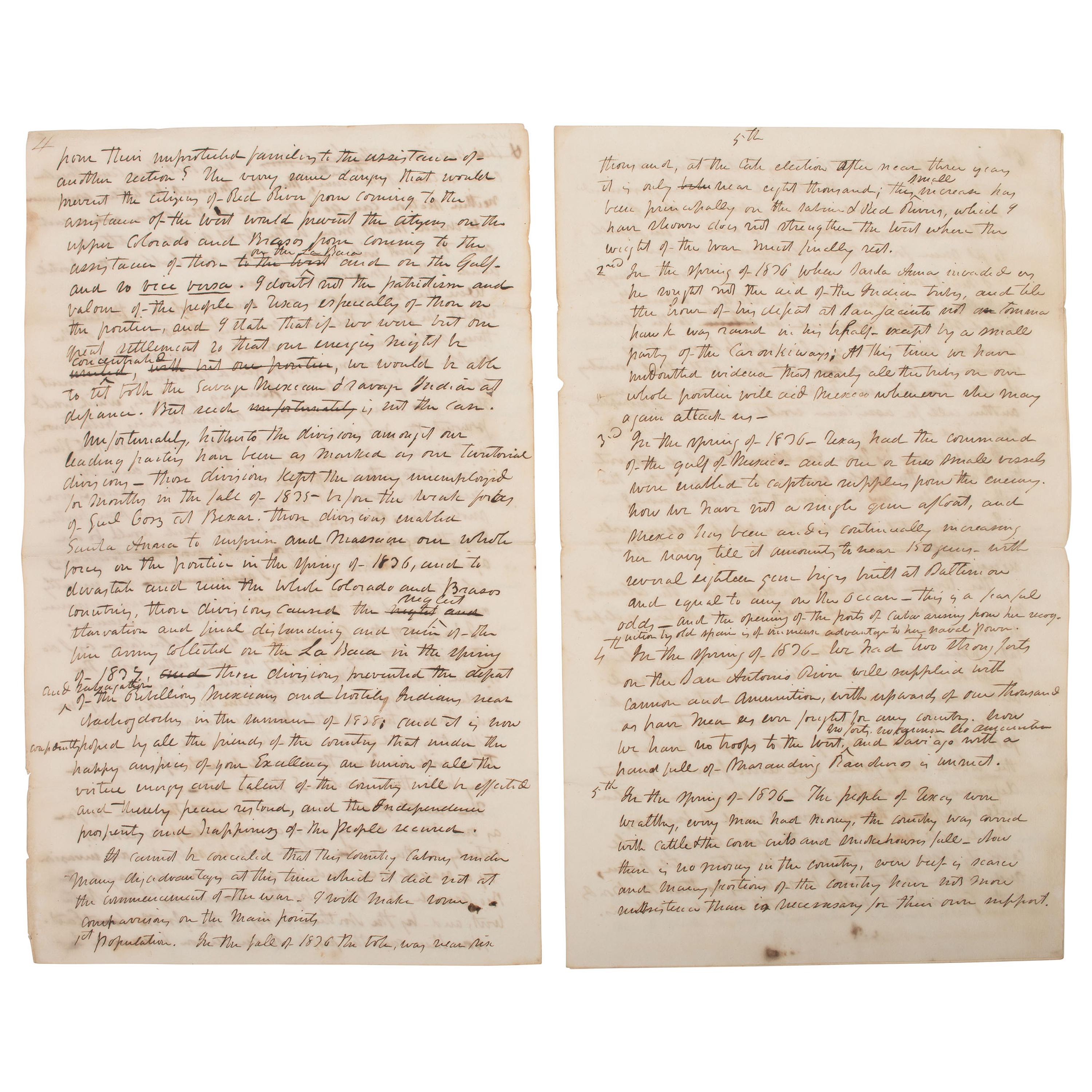 [REPUBLIC OF TEXAS]. HUSTON, Felix (1800-1857). Autograph letter signed ("Felix Huston"), "To His Excellency Mirabeau B. Lamar President of Texas," a draft detailing "a proposition for the defense of Texas." City of Houston, 31 December 1838.