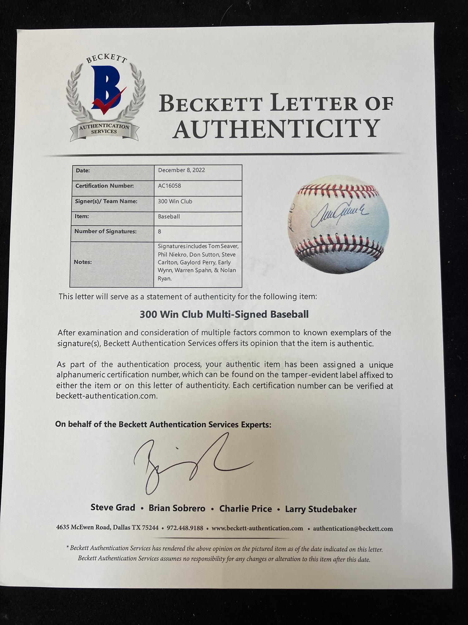 A 300 Win Club Signed Autograph Limited Edition Baseball - Eight Signatures (Beckett Authentication Services Letter),