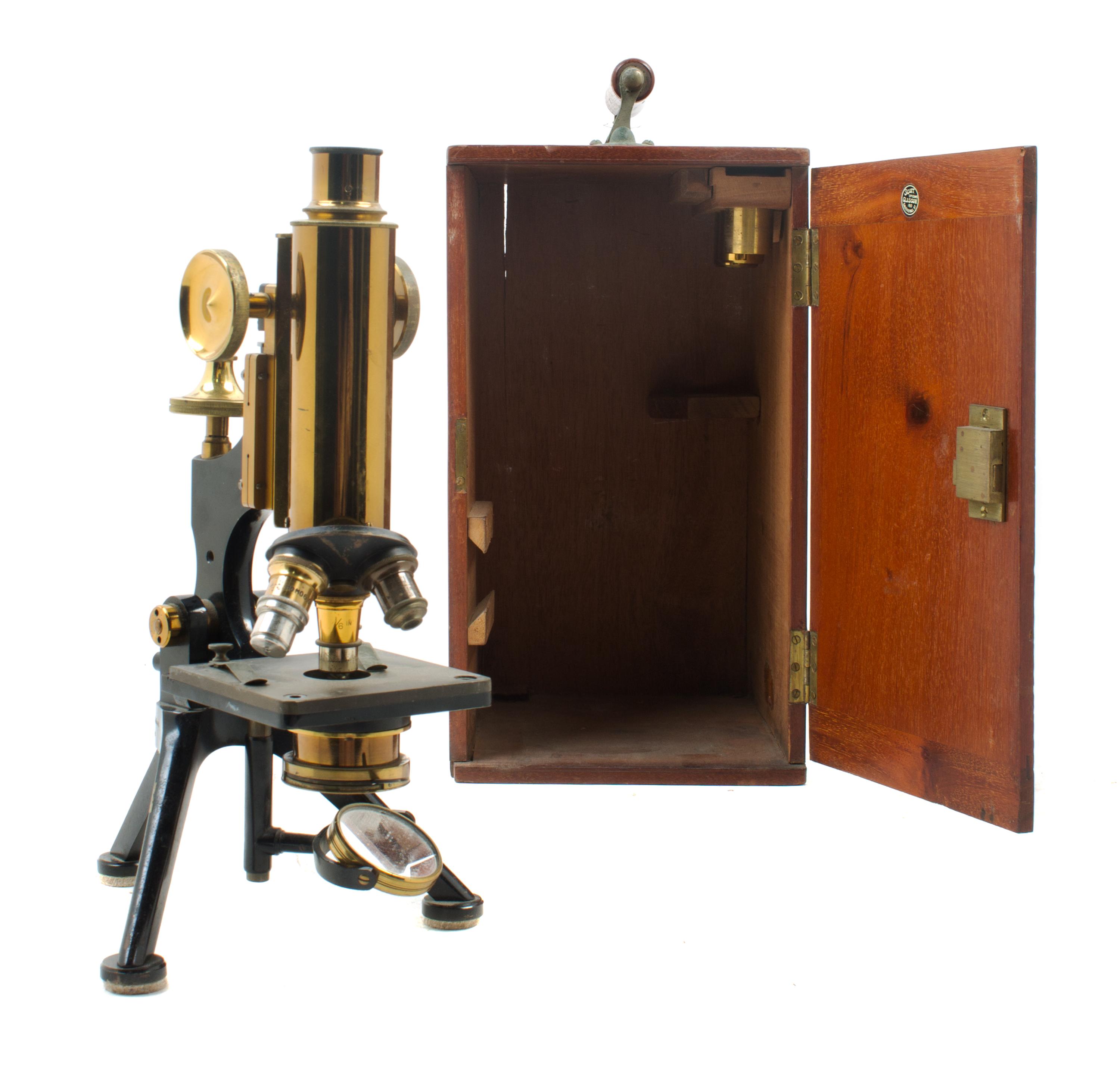 An English Brass and Black Lacquered Microscope Height 12 1/2 inches. — W. WATSON & SONS LTD., LONDON, EARLY 20TH CENTURY
