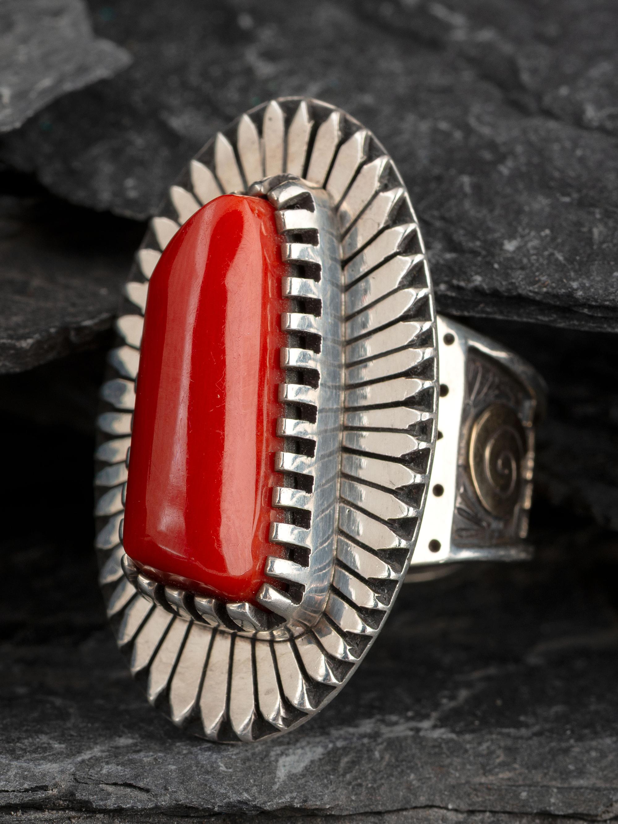 Sterling Silver and Coral Ring, with 14K Gold Petroglyph Accents