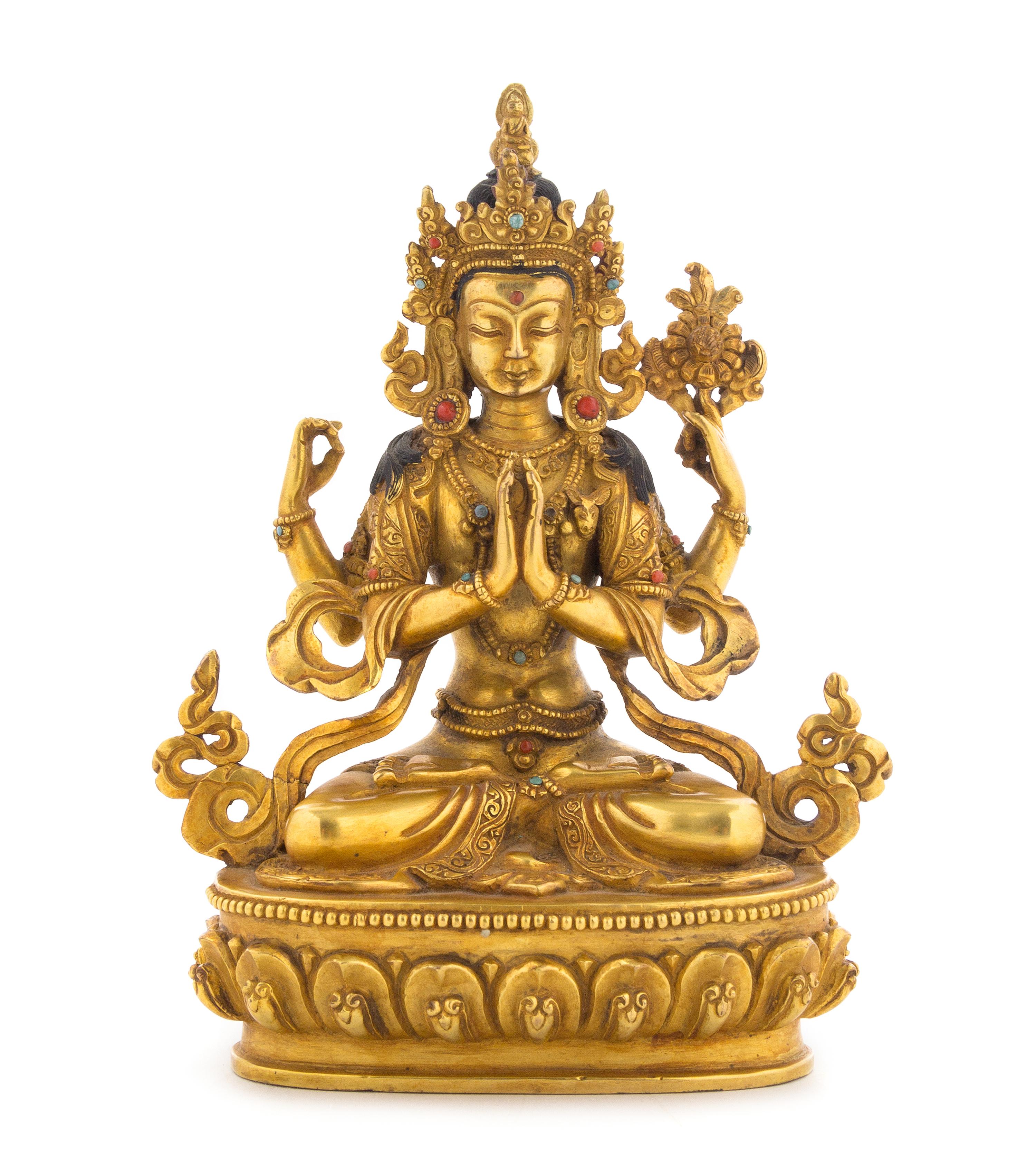 A Sino-Tibetan Gilt Bronze Figure of a Bodhisattva Height 6 1/2 inches.