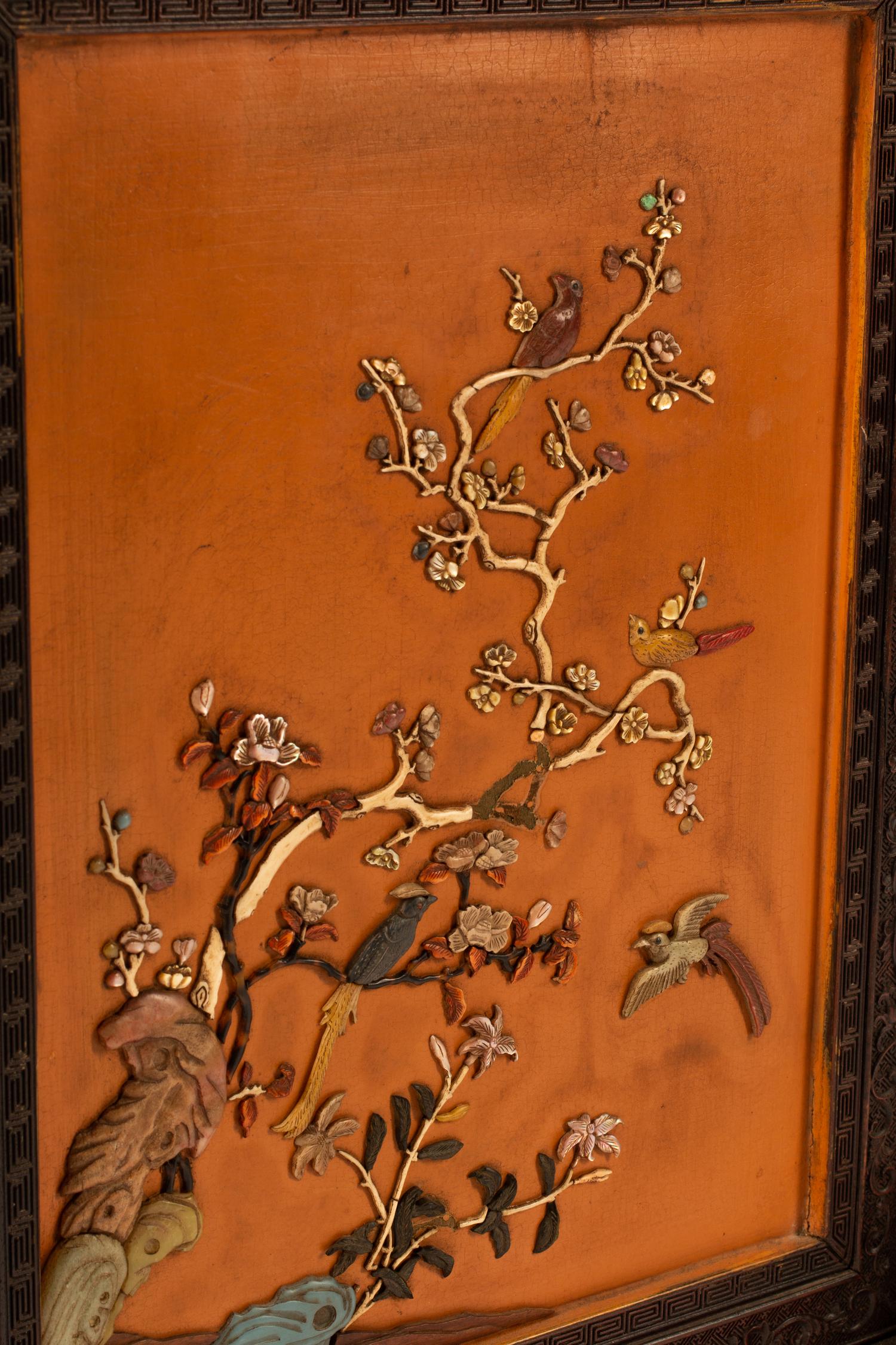 A Chinese Hardstone Inlaid Lacquer and Carved Hardwood Table Screen