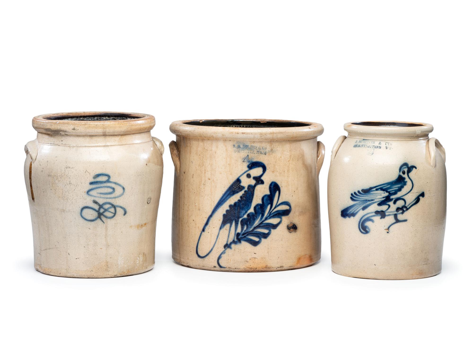 Three Cobalt-Decorated Stoneware Vessels
